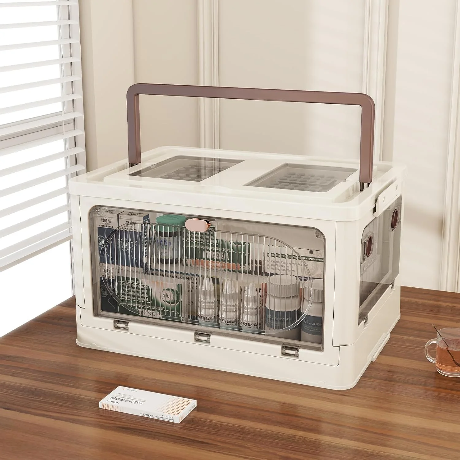 جعبه نگهداری دارو ORCHID M® با جعبه کمک های اولیه بسیار بزرگ با سینی جداشدنی و درب بالایی با دسترسی سریع، سازمان دهنده دارو با 5 درب بازشو، جعبه نگهداری چند منظوره پلاستیکی