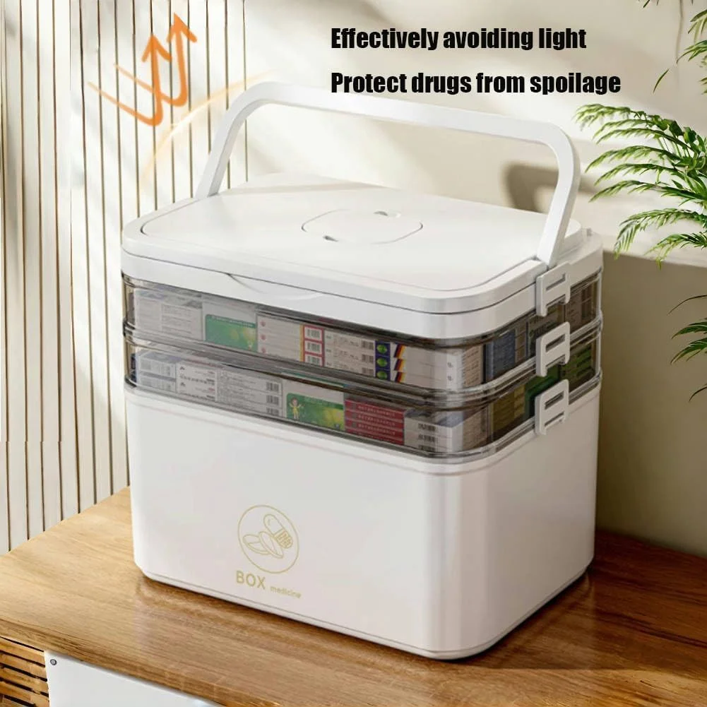 جعبه نگهداری دارو 3 طبقه، جعبه کمک های اولیه خانوادگی خالی، سازمان دهنده نگهداری داروی پلاستیکی قابل حمل، جعبه چند منظوره با دسته برای خانه، مسافرت