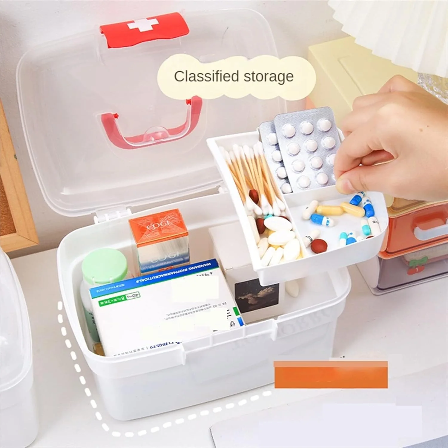 جعبه نگهداری لوسی با ظرفیت بزرگ، جعبه سازمان دهنده داروهای خانوادگی، جعبه کمک های اولیه قابل حمل، جعبه نگهداری دارو، جعبه کیت اضطراری خانواده (اندازه: Hortelé)