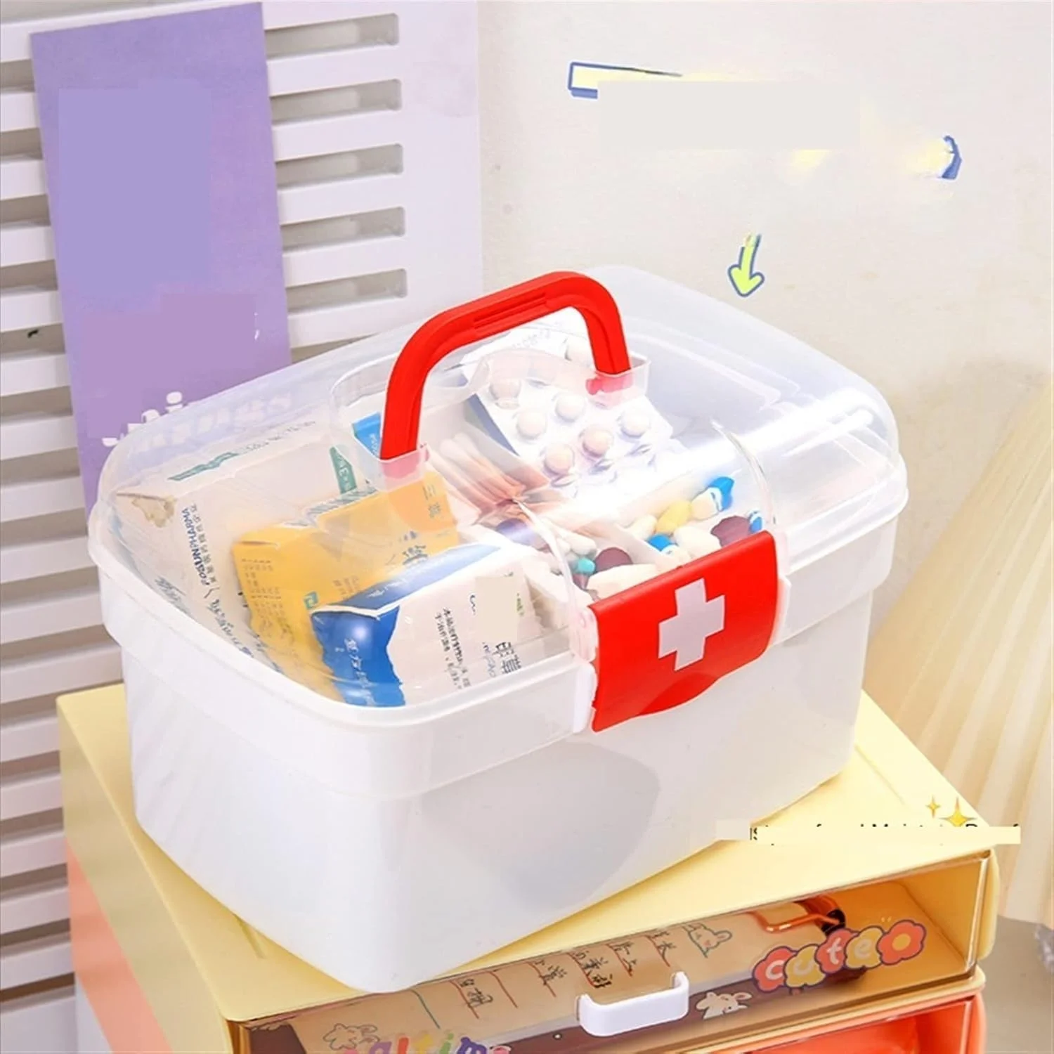 جعبه نگهداری لوسی با ظرفیت بزرگ، جعبه سازمان دهنده داروهای خانوادگی، جعبه کمک های اولیه قابل حمل، جعبه نگهداری دارو، جعبه کیت اضطراری خانواده (اندازه: Hortelé)