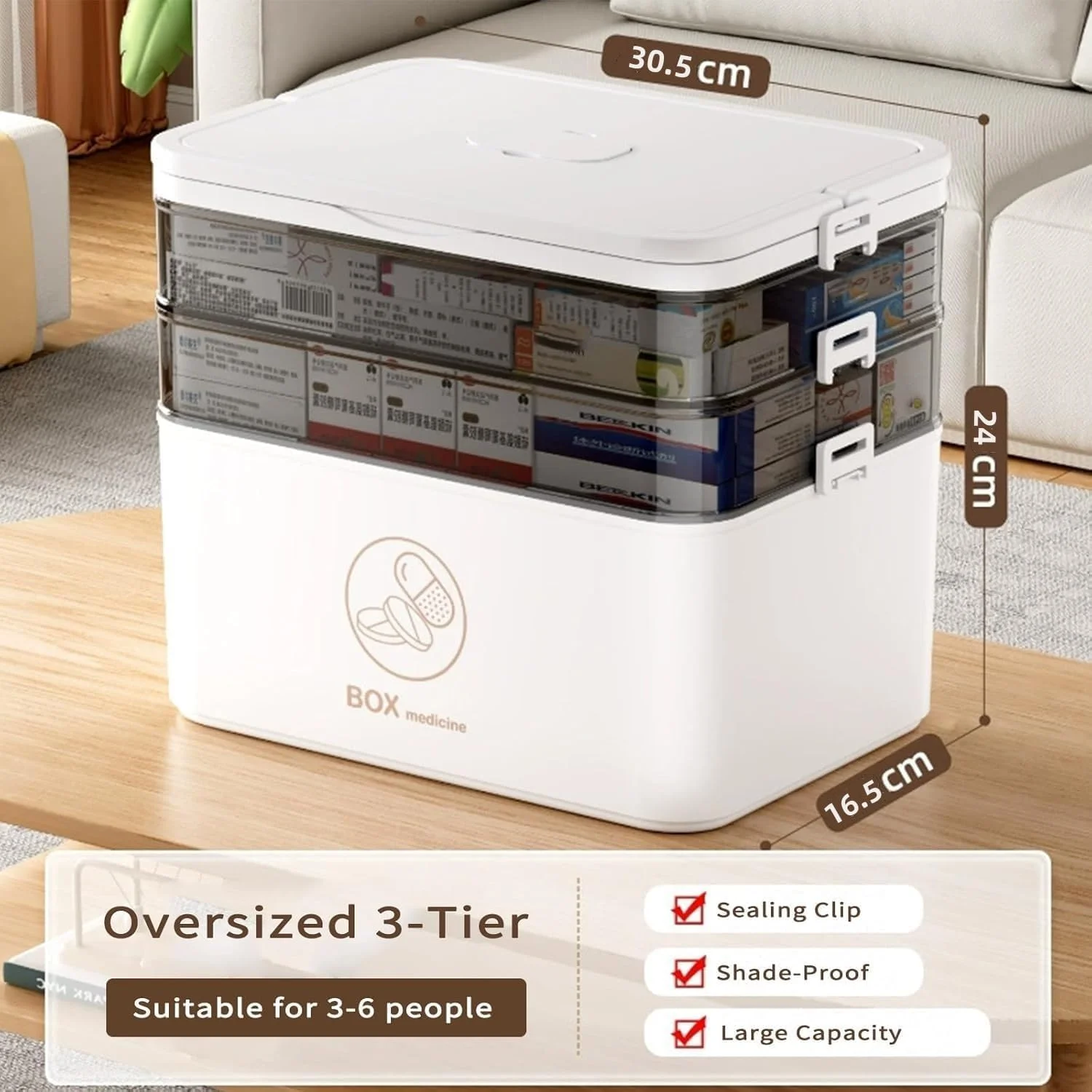 جعبه بزرگ نگهداری دارو - سازمان دهنده قرص قابل حمل با 3 طبقه و دسته، جعبه کمک های اولیه ضد کودک برای داروها، اسباب بازی ها، مهره ها، ابزار، سازمان دهنده لوازم اداری