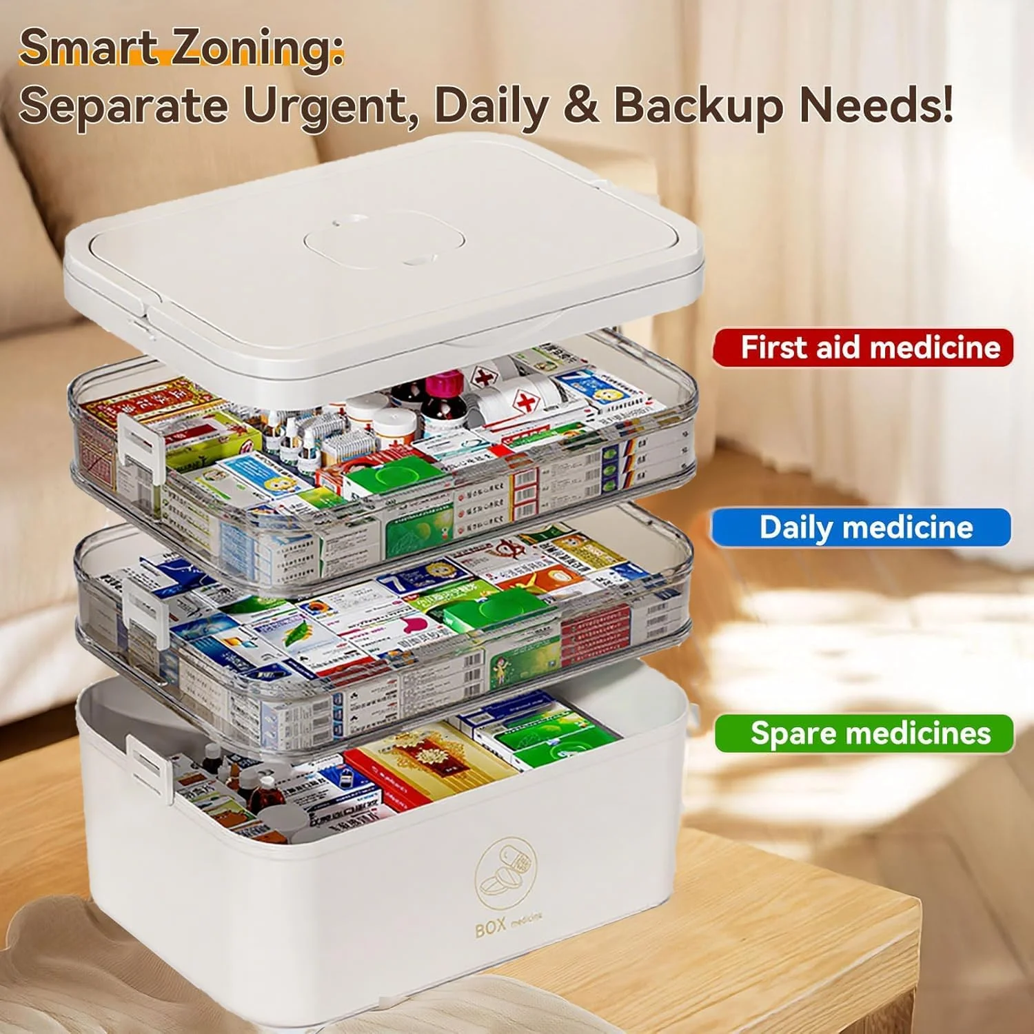 جعبه بزرگ نگهداری دارو - سازمان دهنده قرص قابل حمل با 3 طبقه و دسته، جعبه کمک های اولیه ضد کودک برای داروها، اسباب بازی ها، مهره ها، ابزار، سازمان دهنده لوازم اداری