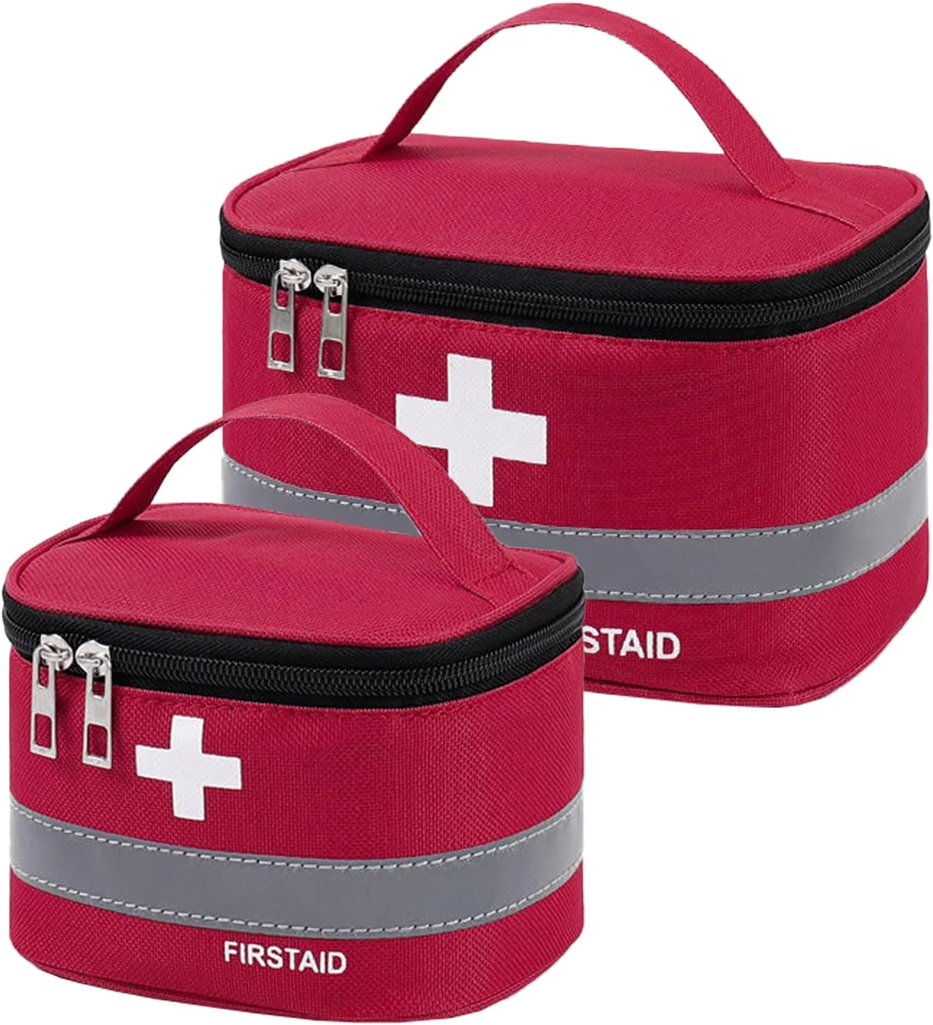 JOWILIN 2 Packs Empty First Aid Bags, 2 Size Portable Medical Kit with Handle & Double Zipper, Large Capacity Empty Medicine Carrying Case for Car, Home, Office, Travel, Camping, Hiking, Outdoor (Red)