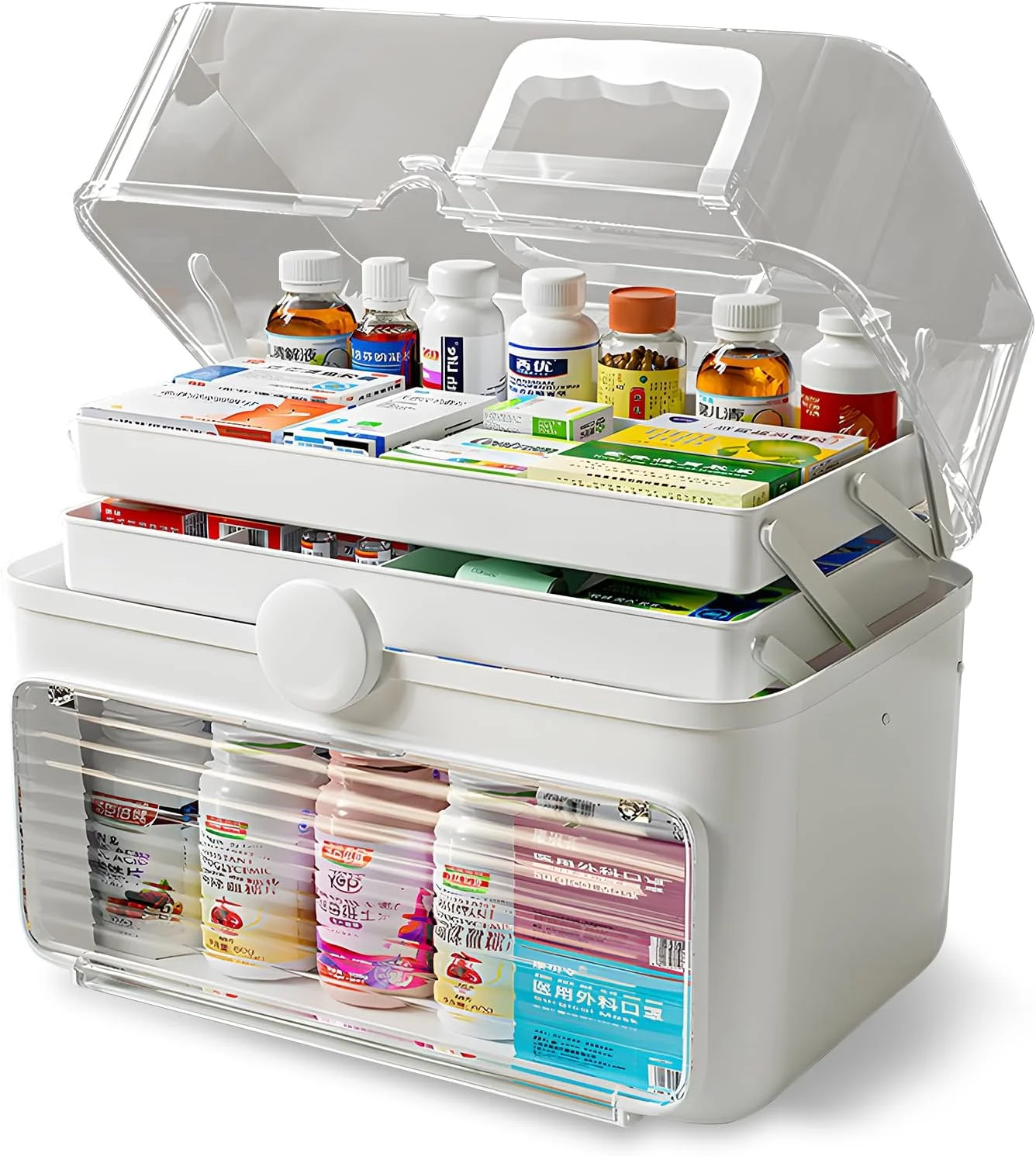 جعبه نگهداری دارو HIKKY، جعبه بزرگ 3 طبقه برای سازماندهی داروها، جعبه کمک های اولیه قابل حمل با محفظه، جعبه نگهداری پلاستیکی برای خانواده