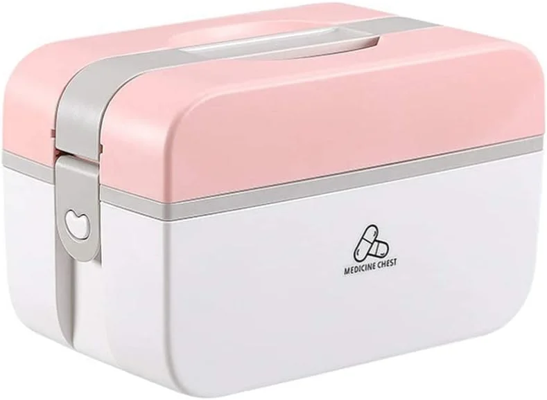 KASTWAVE Medicine Storage Box, Cute Large-capacity Family Medicine Box Container with Buckle Lock Portable Medication Storage Organizer Double layer Plastic Cabinet Empty Home First Aid Box