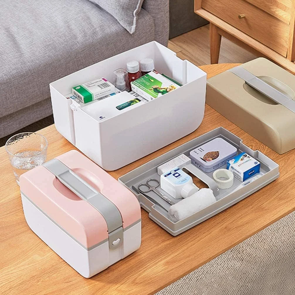 KASTWAVE Medicine Storage Box, Cute Large-capacity Family Medicine Box Container with Buckle Lock Portable Medication Storage Organizer Double layer Plastic Cabinet Empty Home First Aid Box KASTWAVE Medicine Storage Box, Cute Large-capacity Family Medicine Box Container with Buckle Lock Portable Medication Storage Organizer Double layer Plastic Cabinet Empty Home First Aid Box
