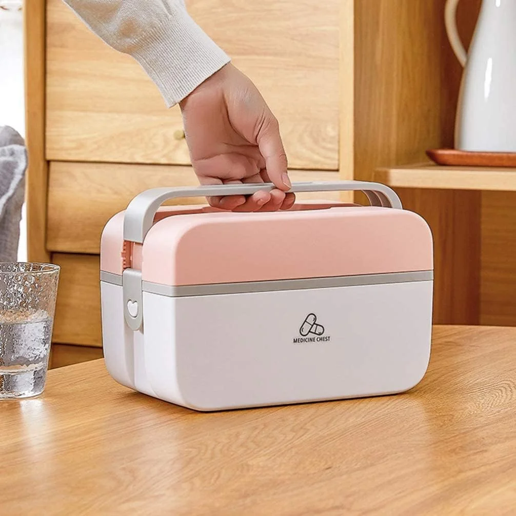 KASTWAVE Medicine Storage Box, Cute Large-capacity Family Medicine Box Container with Buckle Lock Portable Medication Storage Organizer Double layer Plastic Cabinet Empty Home First Aid Box KASTWAVE Medicine Storage Box, Cute Large-capacity Family Medicine Box Container with Buckle Lock Portable Medication Storage Organizer Double layer Plastic Cabinet Empty Home First Aid Box