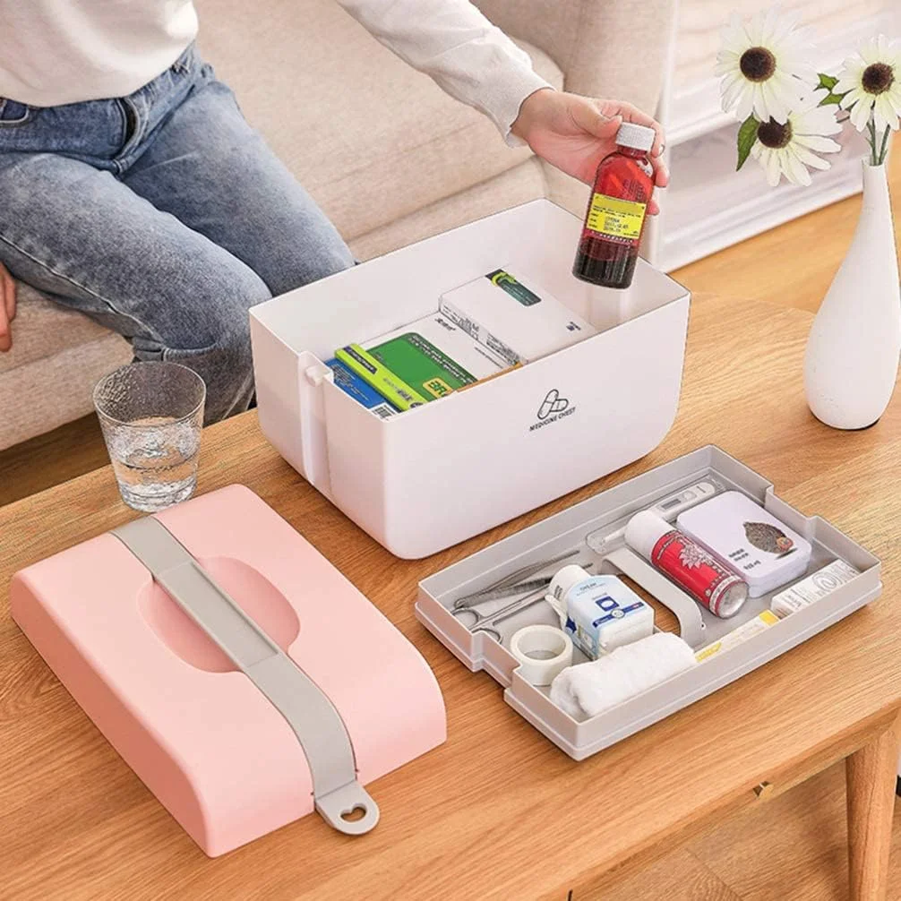 KASTWAVE Medicine Storage Box, Cute Large-capacity Family Medicine Box Container with Buckle Lock Portable Medication Storage Organizer Double layer Plastic Cabinet Empty Home First Aid Box KASTWAVE Medicine Storage Box, Cute Large-capacity Family Medicine Box Container with Buckle Lock Portable Medication Storage Organizer Double layer Plastic Cabinet Empty Home First Aid Box