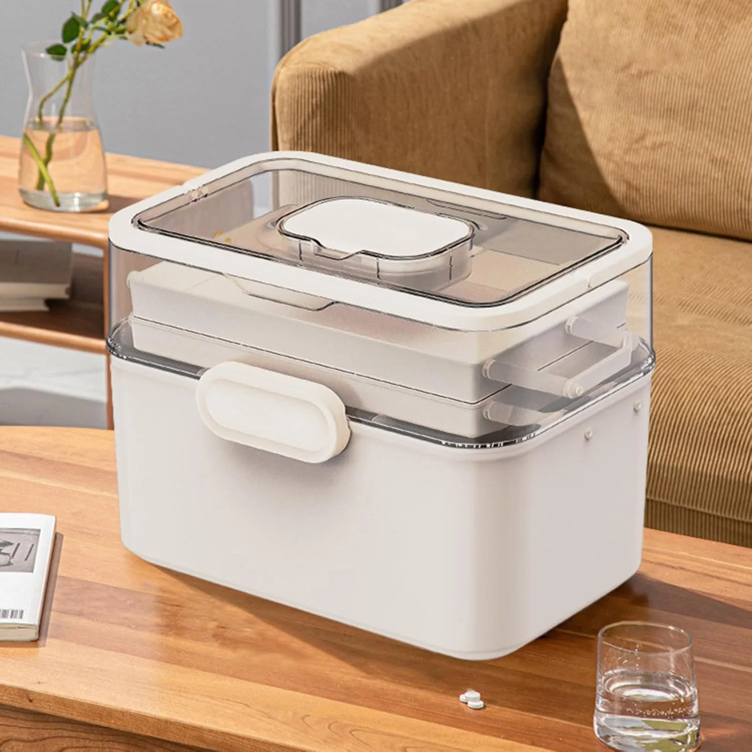 HIKKY Three-Layer Medicine Storage Box Large Medicine Box Pills Organizer, Portable Medicine Cabinet First Aid Box with Compartments, Plastic Storage Box for Family, Office (Clear) HIKKY Three-Layer Medicine Storage Box Large Medicine Box Pills Organizer, Portable Medicine Cabinet First Aid Box with Compartments, Plastic Storage Box for Family, Office (Clear)