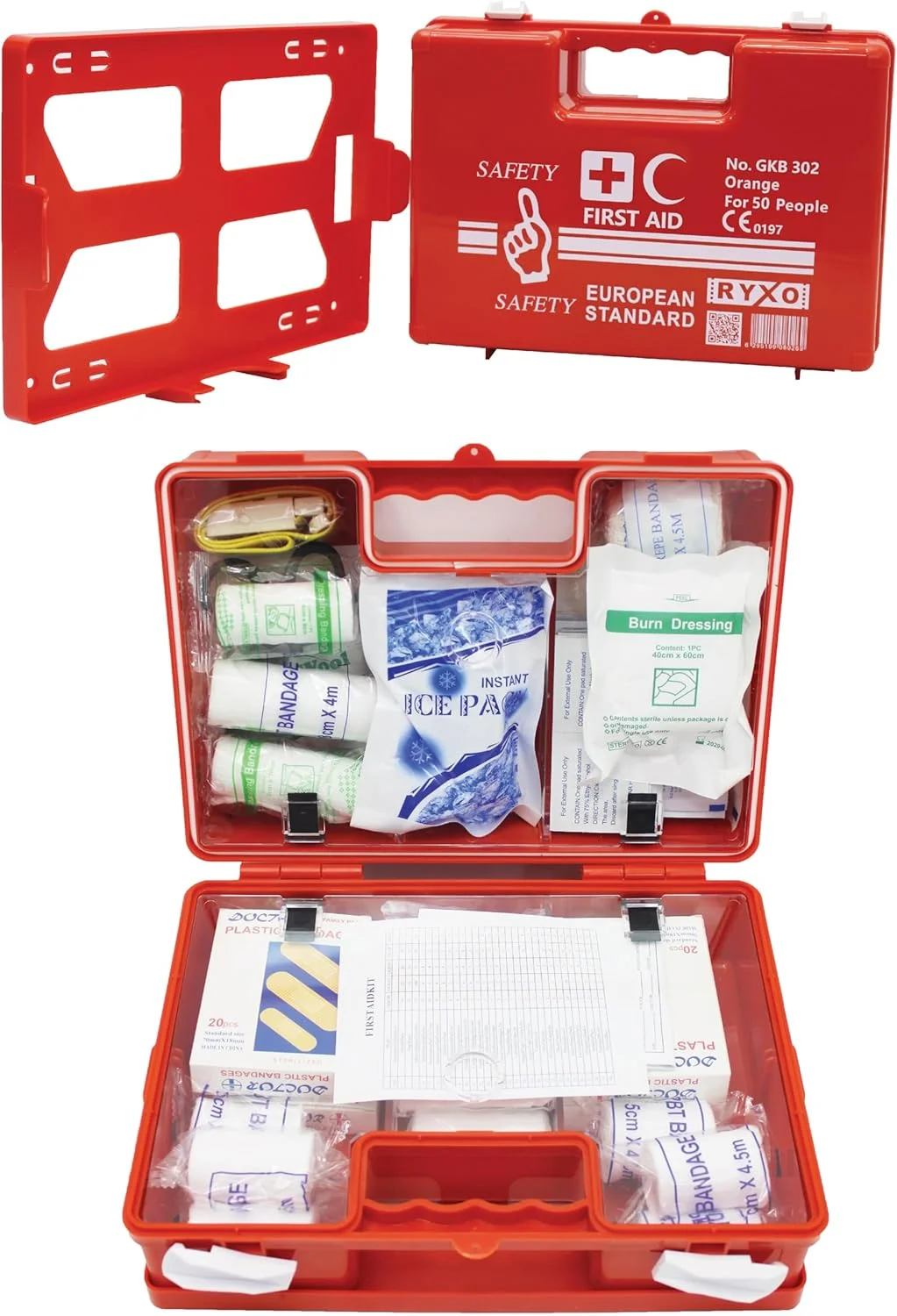 FIRST AID KIT - 50 PERSON (SMALL) |ABS HEAVY DUTY PLASTIC |WITH WALL MOUNTED BRACKET & WALL STICKER | ORANGE |EUROPEAN STANDARD | RYXO SAFETY | CLEARWAY