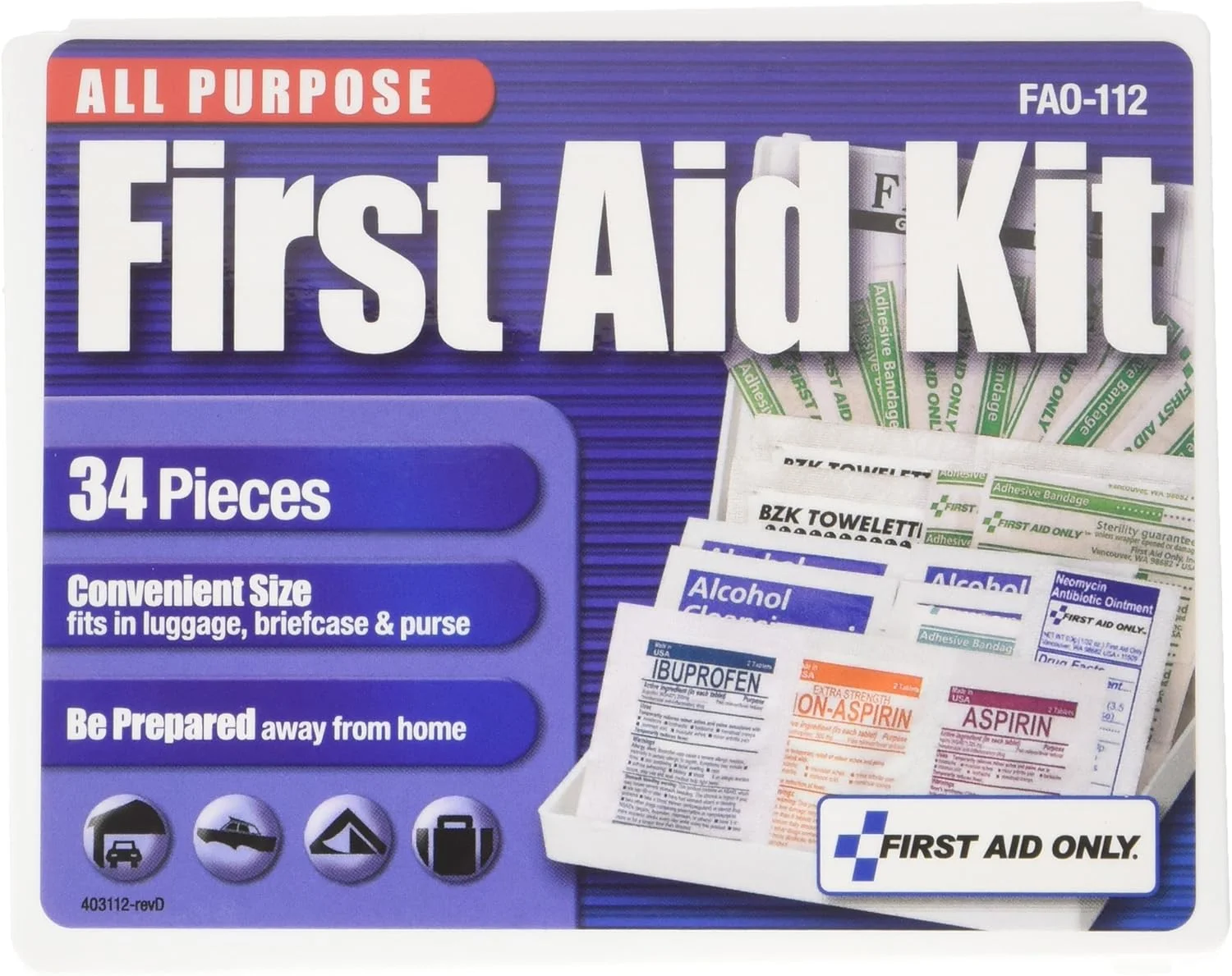 First Aid Only 112 All-Purpose First Aid Kit, 34 Pieces, 3 3/4 x 4 3/4 x 1/2, Blue/White