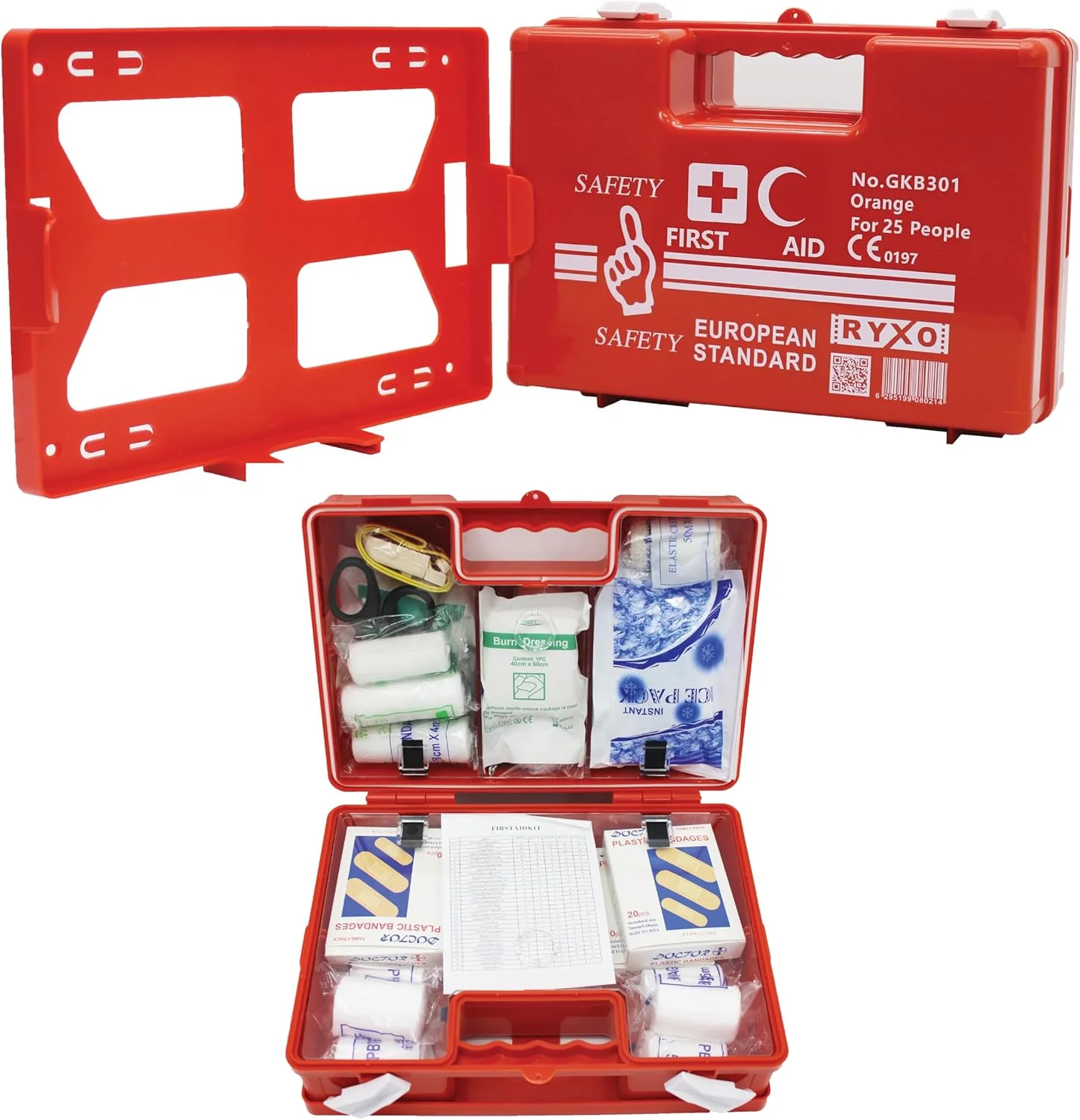 FIRST AID KIT - 25 PERSON (SMALL) |ABS HEAVY DUTY PLASTIC |WITH WALL MOUNTED BRACKET & WALL STICKER | ORANGE | EUROPEAN STANDARD | RYXO SAFETY | CLEARWAY
