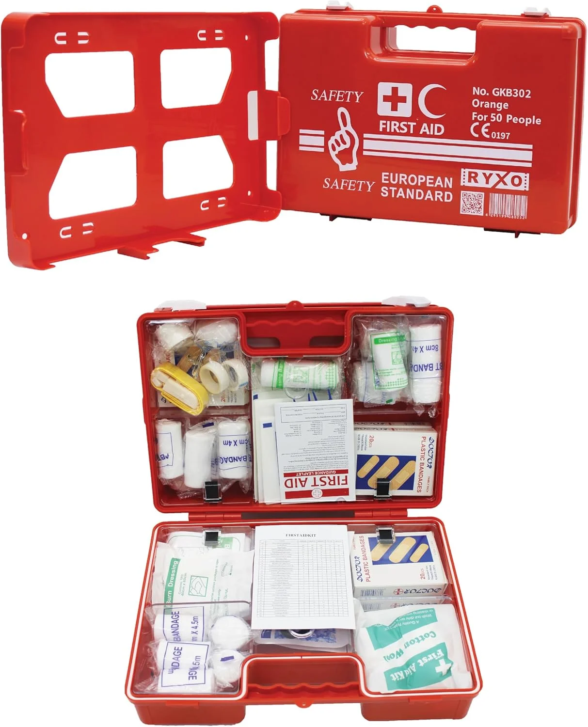 FIRST AID KIT - 50 PERSON (LARGE) |ABS HEAVY DUTY PLASTIC |WITH WALL MOUNTED BRACKET & WALL STICKER | ORANGE |EUROPEAN STANDARD | RYXO SAFETY | CLEARWAY