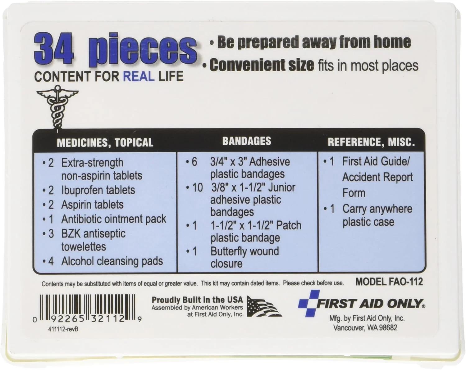 First Aid Only 112 All-Purpose First Aid Kit, 34 Pieces, 3 3/4 x 4 3/4 x 1/2, Blue/White