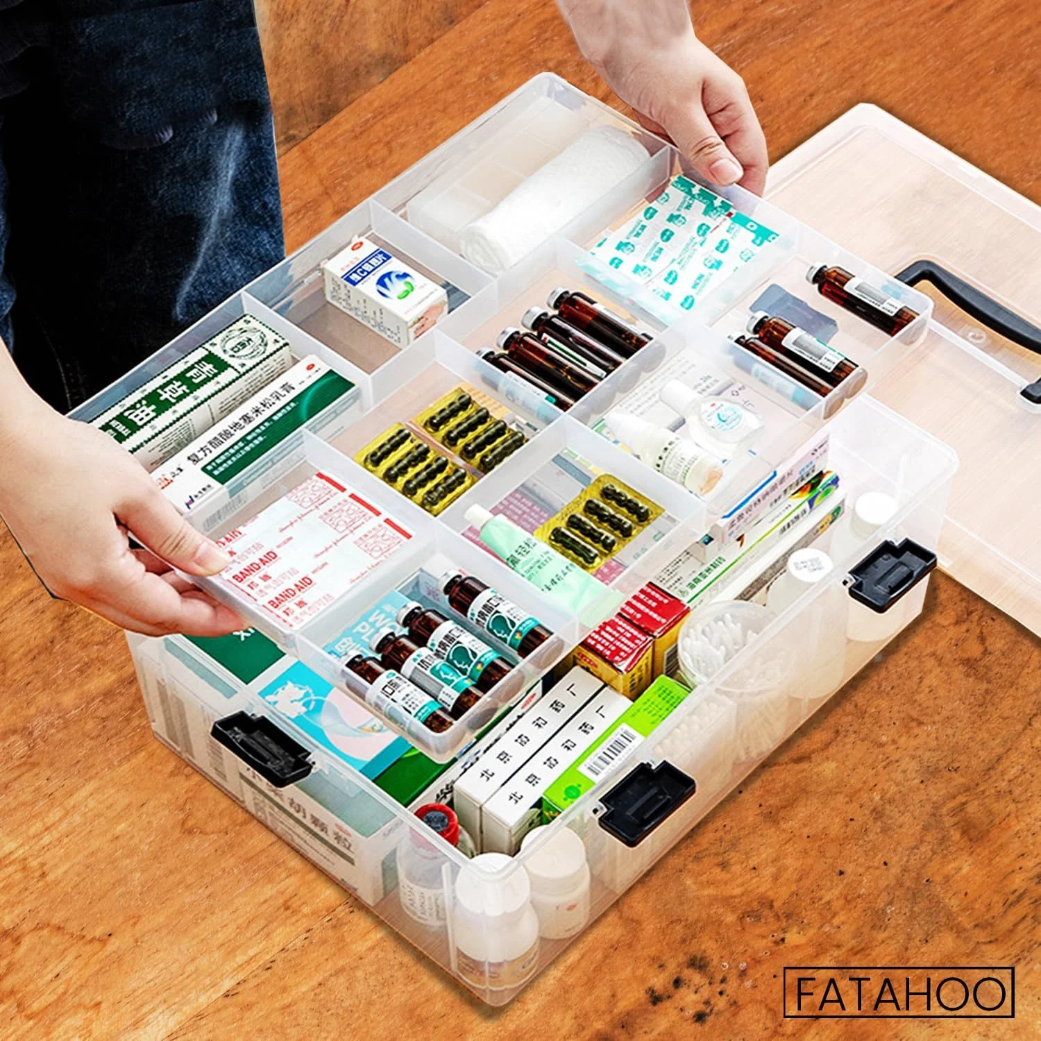جعبه بزرگ نگهداری لوازم پزشکی FATAHOO، جعبه کمک های اولیه قابل حمل 2 طبقه - جعبه نگهداری کمک های اولیه پلاستیکی برای دفاتر