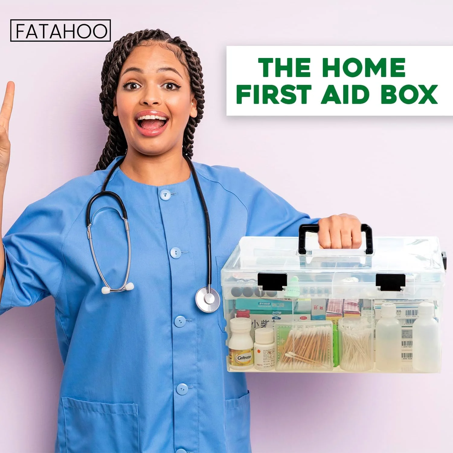 جعبه بزرگ نگهداری لوازم پزشکی FATAHOO، جعبه کمک های اولیه قابل حمل 2 طبقه - جعبه نگهداری کمک های اولیه پلاستیکی برای دفاتر