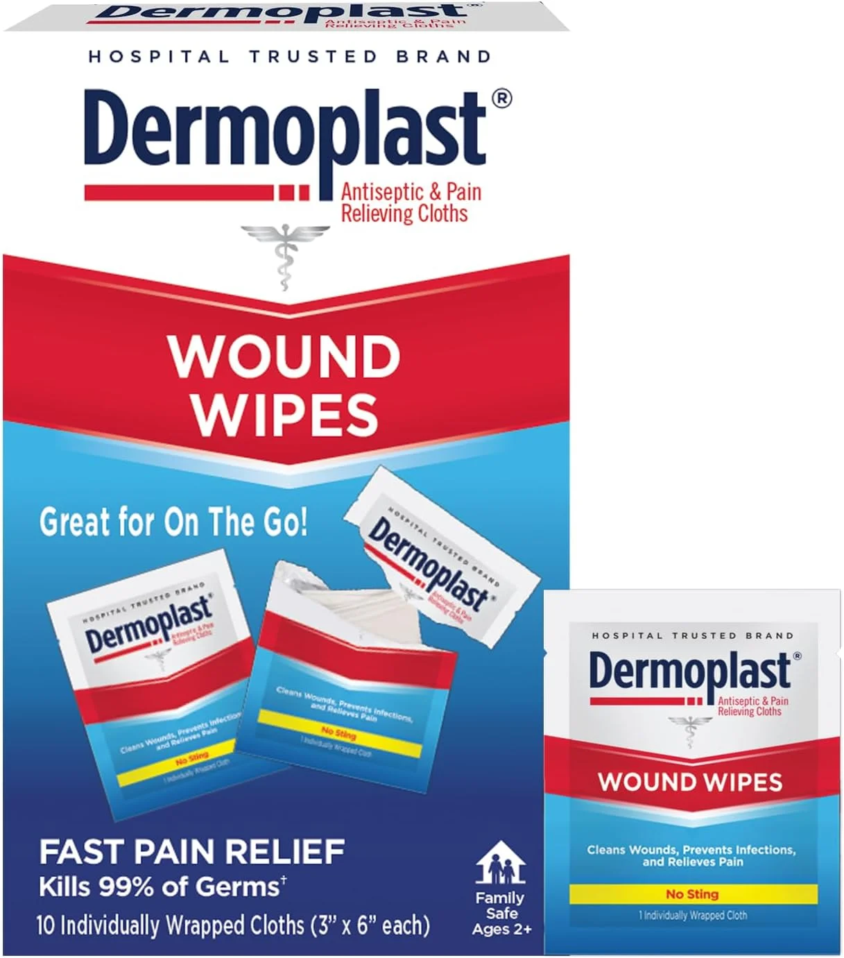 دستمال مرطوب کمک های اولیه دارویی 3 در 1 Dermoplast، دستمال های ضد درد و ضد عفونی کننده برای درمان بریدگی ها، خراش ها و سوختگی های جزئی در حال حرکت، فرمول بدون سوزش، 10 عدد دستمال پیچیده شده به صورت جداگانه (بسته بندی ممکن است متفاوت باشد)