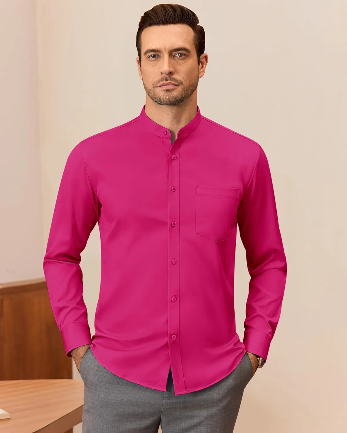 پیراهن مردانه یقه دیپلمات J.VER آستین بلند دکمه دار کشی بدون یقه با جیب، قرمز گل رز، M