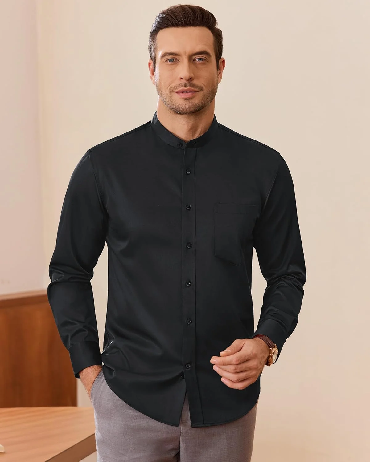 پیراهن مردانه یقه دیپلمات J.VER، آستین بلند، دکمه دار، کشی، بدون یقه، دارای جیب، مشکی، 5XL