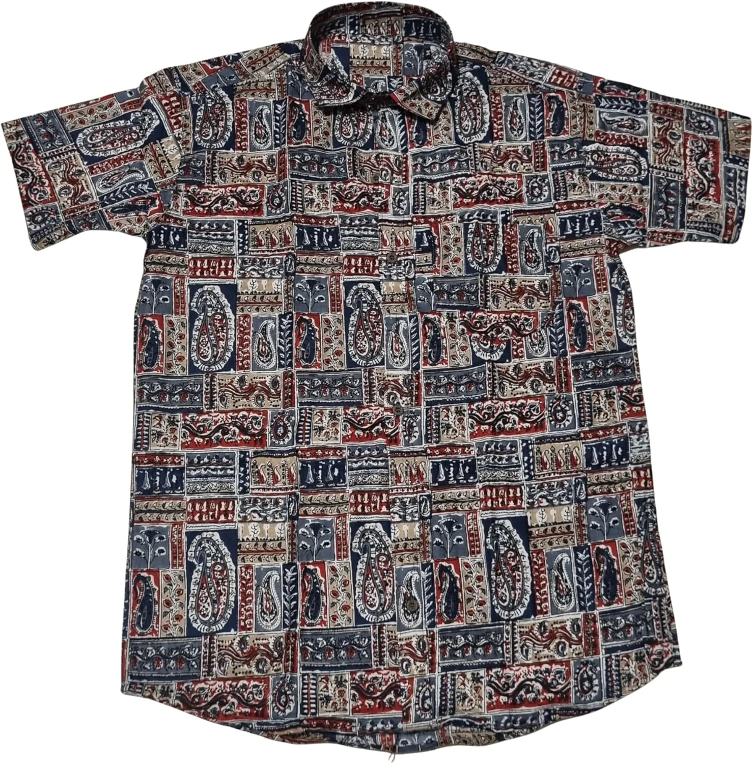پیراهن مردانه طرح چاپ دستی هندی آستین کوتاه دکمه دار