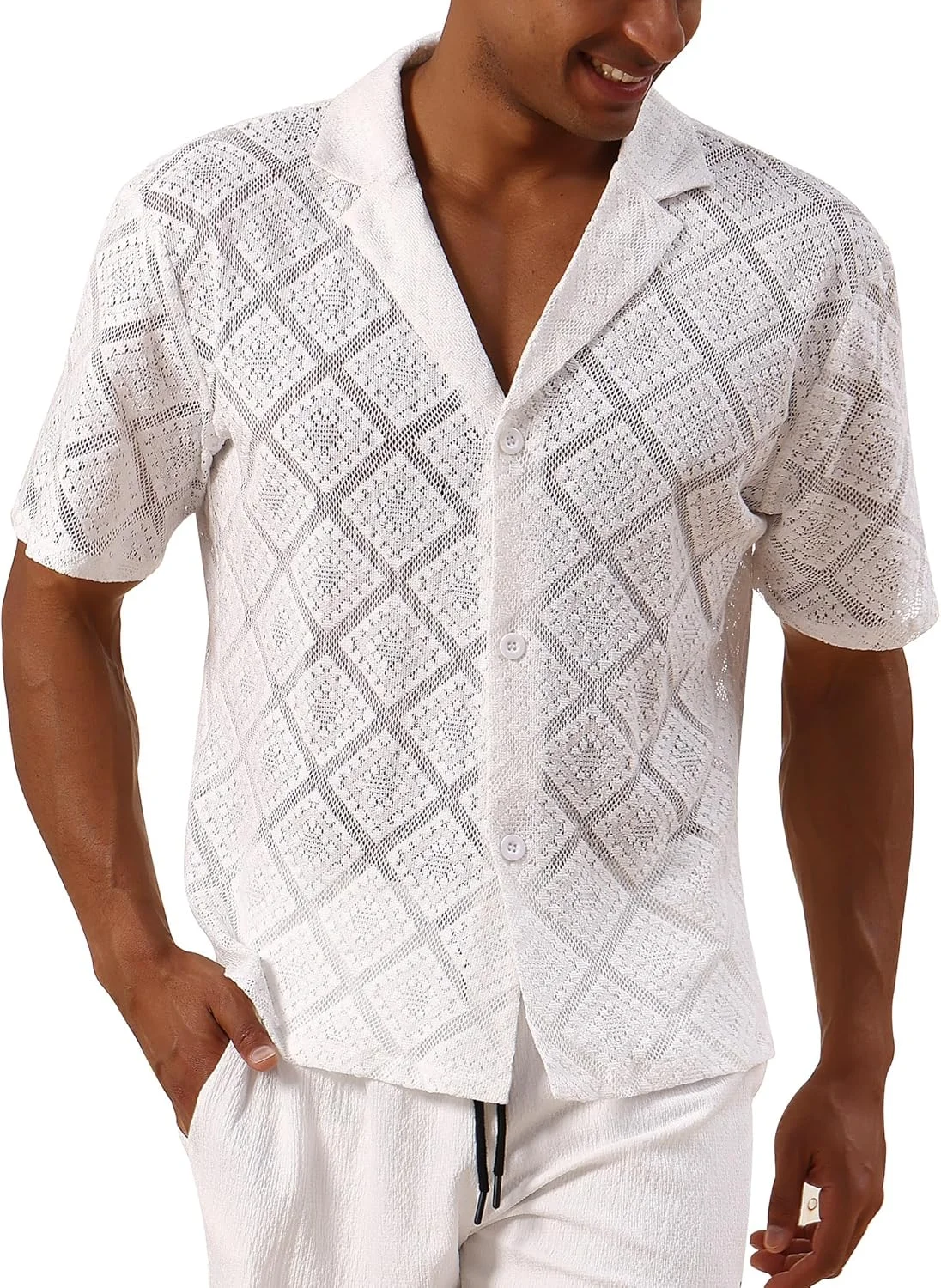 پیراهن مردانه IMEKIS با طرح توری گلدار، آستین کوتاه، دکمه دار، مناسب مهمانی، کلاب شبانه و ساحل