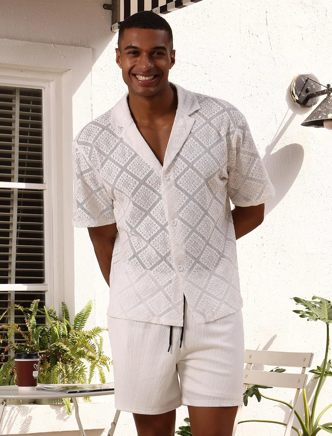 پیراهن مردانه IMEKIS با طرح توری گلدار، آستین کوتاه، دکمه دار، مناسب مهمانی، کلاب شبانه و ساحل