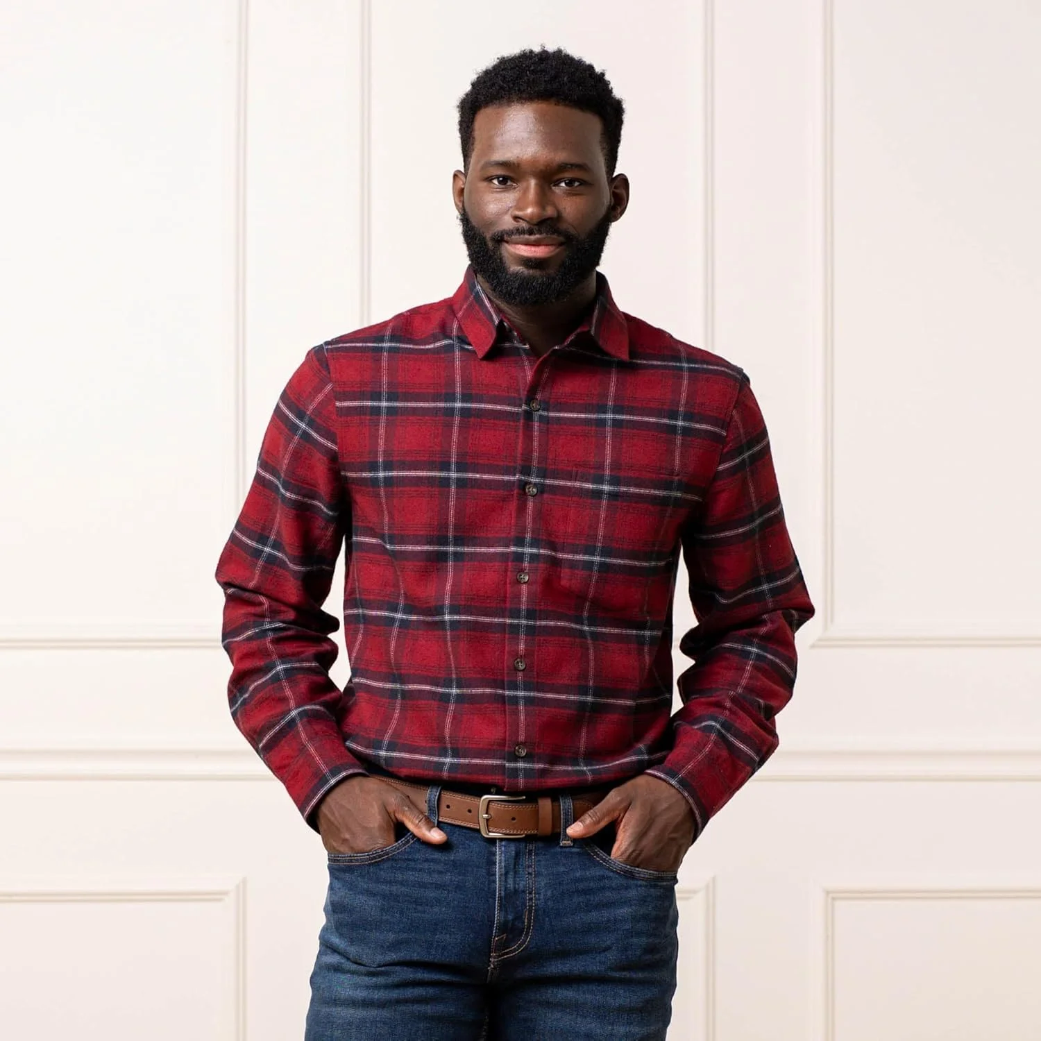 پیراهن مردانه دکمه دار فلانل پنبه ای برس خورده Hope & Henry