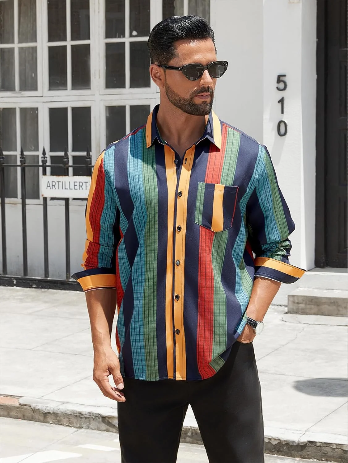 پیراهن آستین بلند مردانه هاوایی Hardaddy، راه راه، ساحلی، دکمه دار، غیر رسمی با جیب