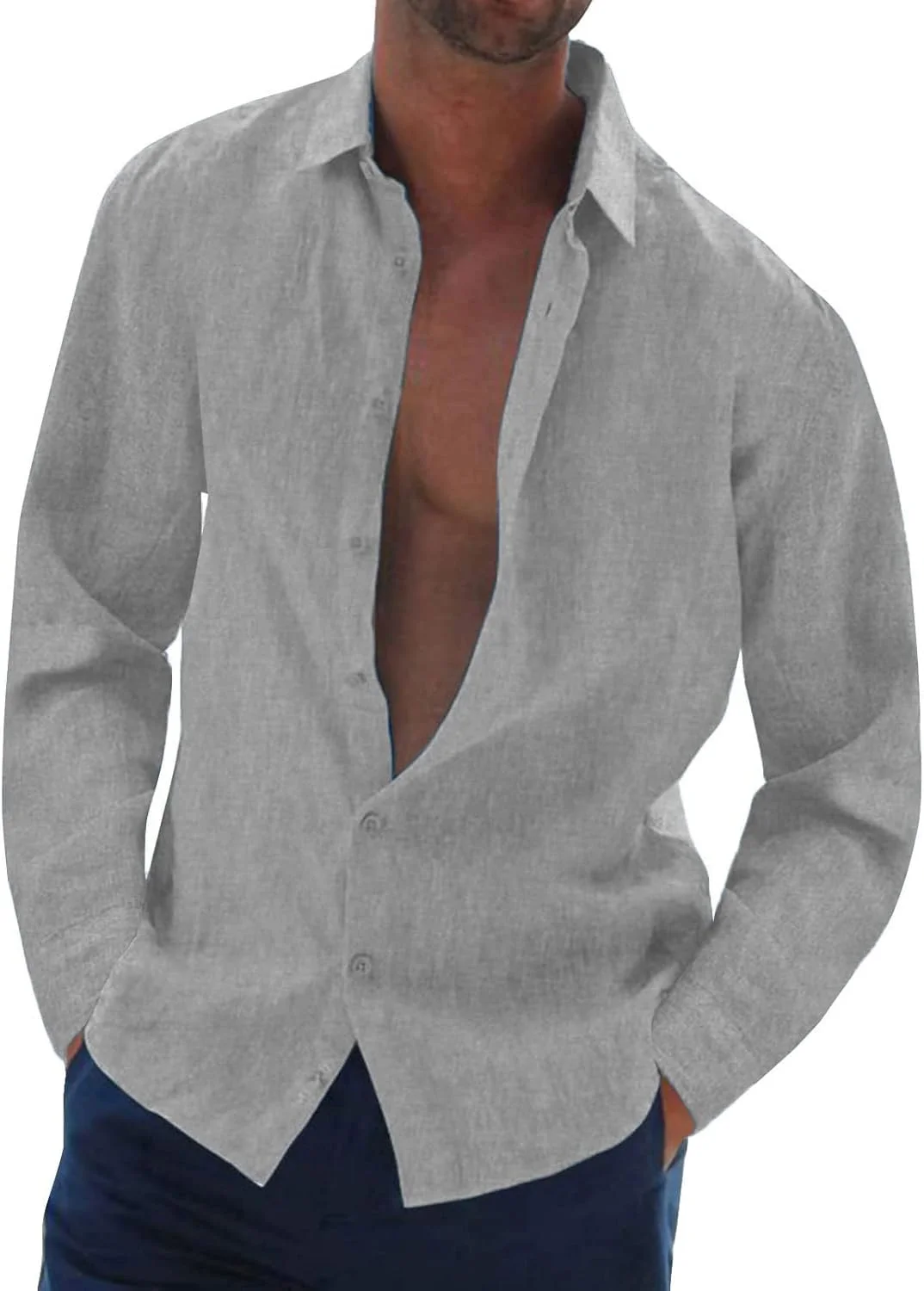 پیراهن مردانه لینن Halfword، پیراهن های ساحلی غیر رسمی، آستین بلند، دکمه دار، مناسب تعطیلات تابستانی و مجالس عروسی، خاکستری، XXL