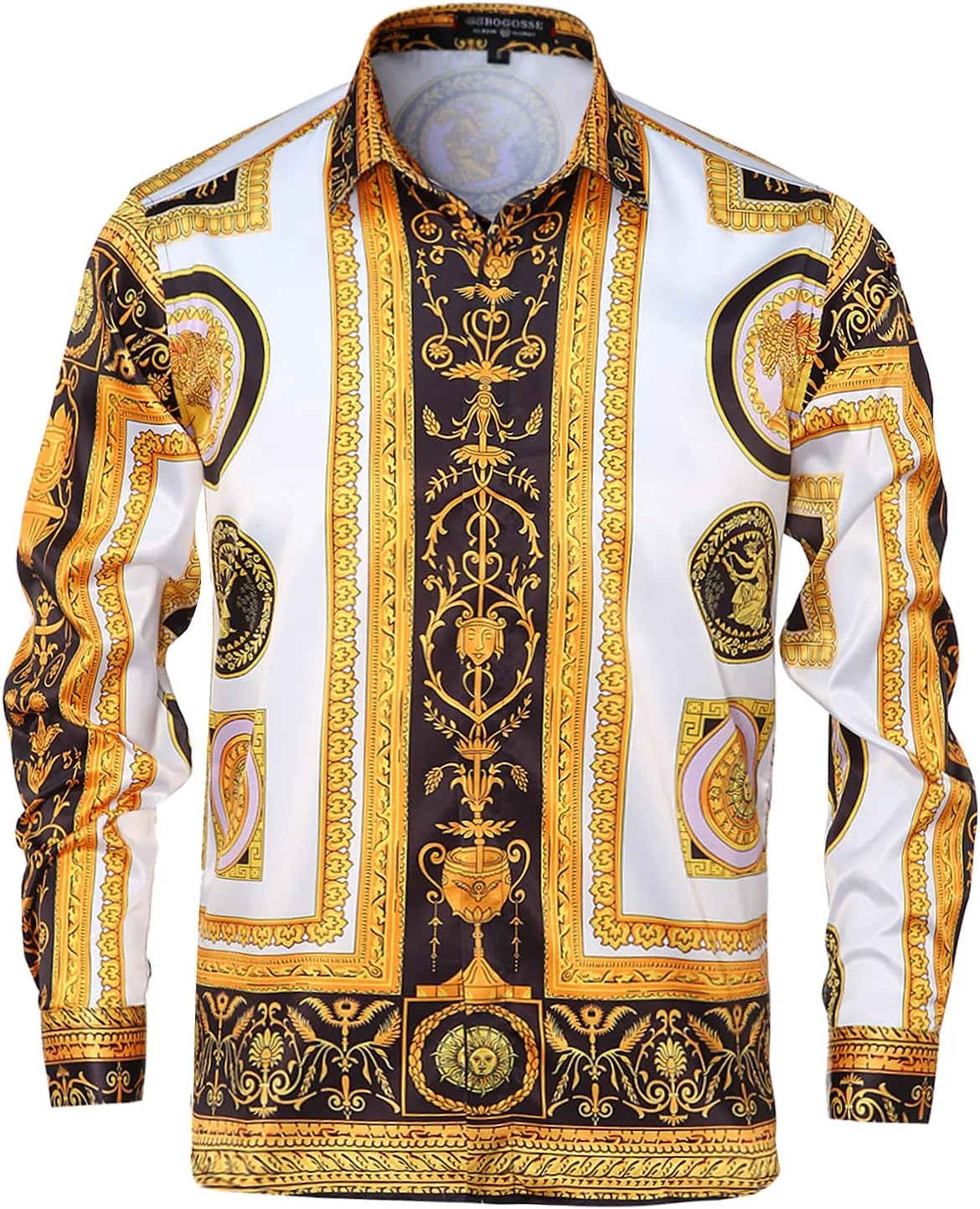 GSBOGOSSE Mens Luxury Brand Printed Silk Like Satin Button Down Dress Shirt for Party Prom Long Sleeve Slim Fit Floral Shirt, Multicolored28, 4X-Large