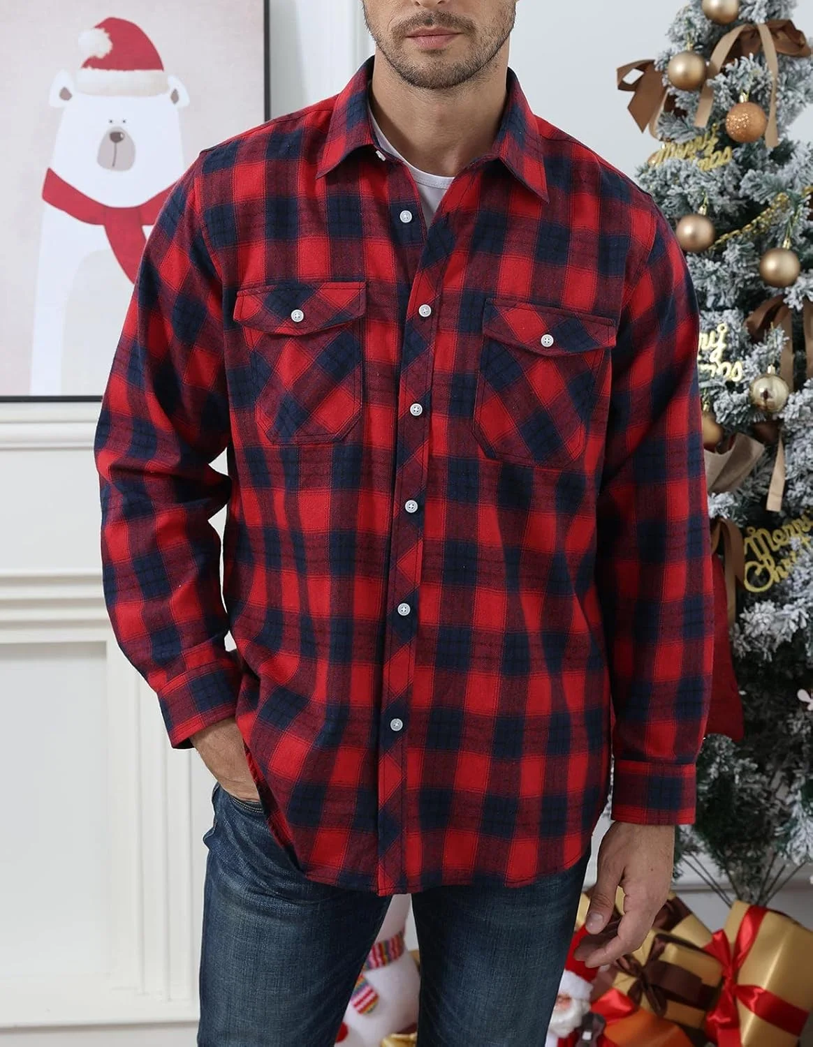 پیراهن مردانه چهارخانه Halfword، پشمی، غیر رسمی، طرح چهارخانه، دکمه دار، آستین بلند، مدل آزاد، یقه دار، مناسب پاییز و زمستان، قرمز-سرمه ای، M