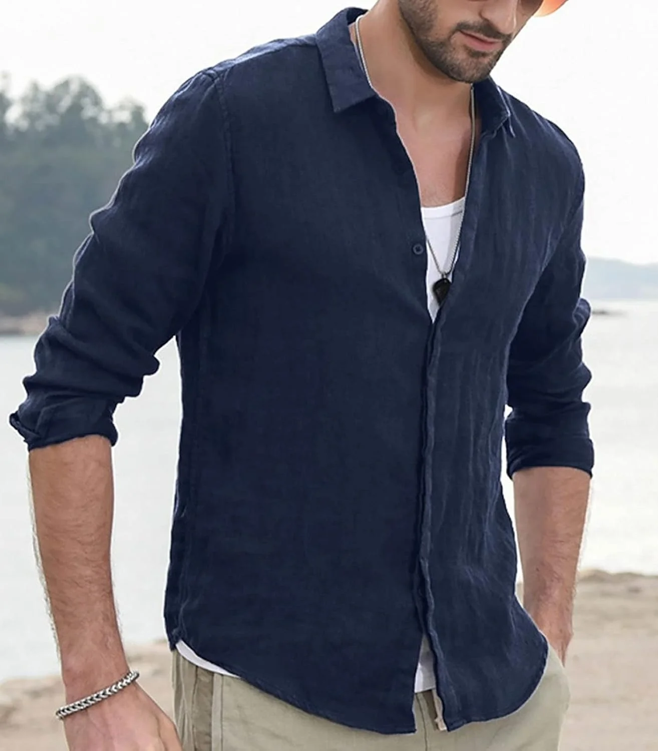 پیراهن مردانه لینن Halfword، پیراهن ساحلی غیر رسمی، آستین بلند، دکمه دار، مناسب تعطیلات تابستانی و مجالس عروسی، سرمه ای، 3XL