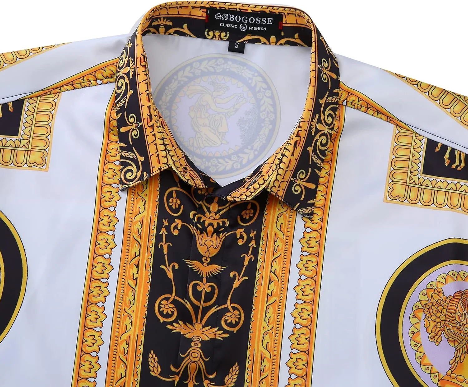 GSBOGOSSE Mens Luxury Brand Printed Silk Like Satin Button Down Dress Shirt for Party Prom Long Sleeve Slim Fit Floral Shirt, Multicolored28, 4X-Large