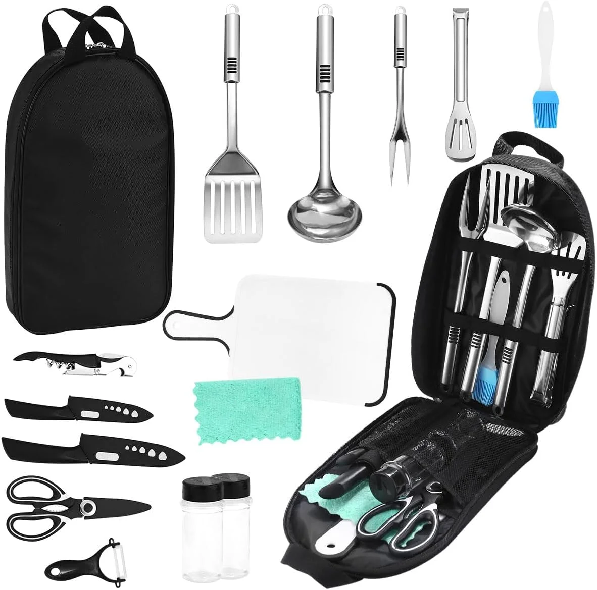 Camping Kitchen Utensil Set 15pcs BBQ Camping Cookware Organizer Travel Grill Mess Kit Portable Backpack Compact Gear Stainless Steel Camping Cooking Accessories Outdoor Campfire Picnic Tool with Case