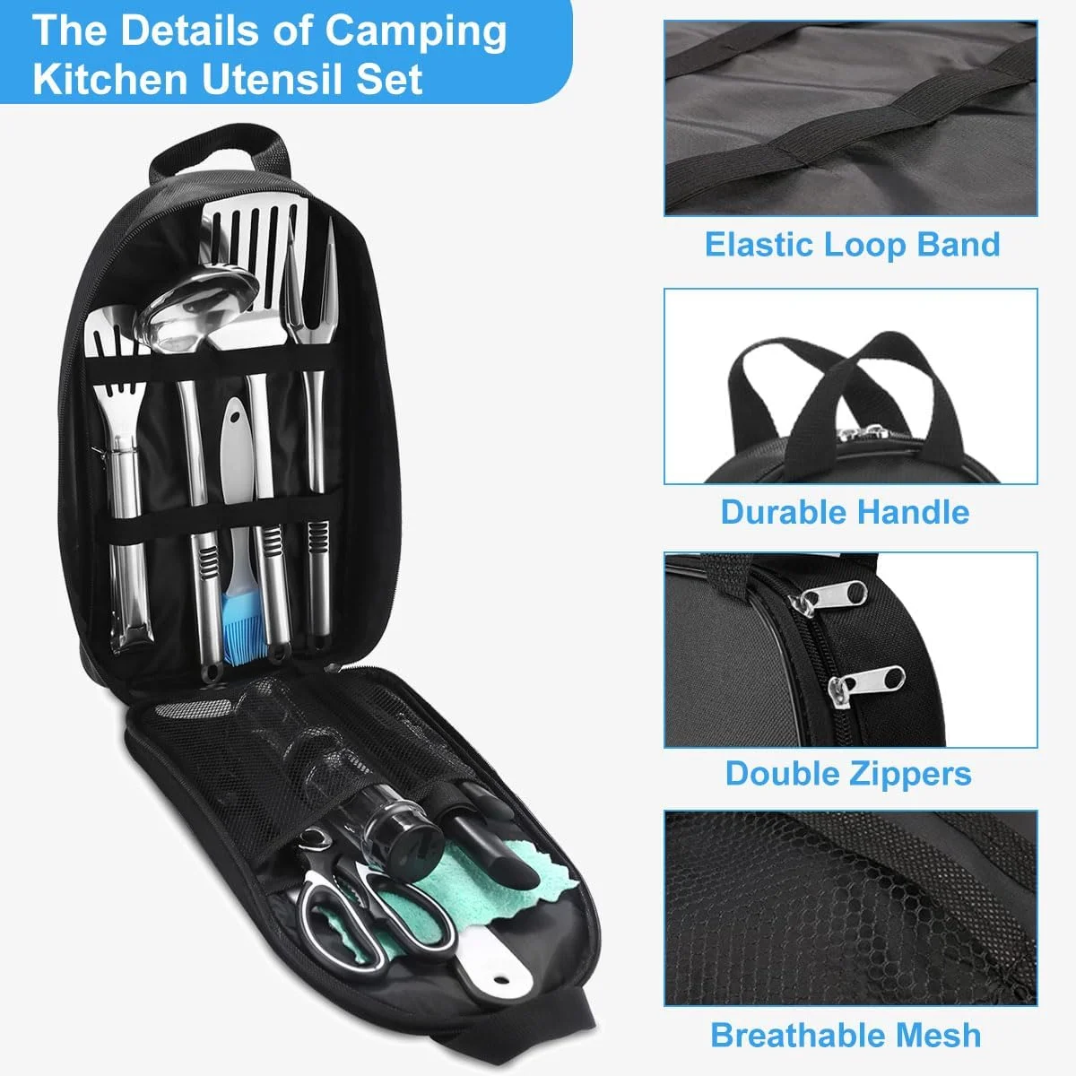Camping Kitchen Utensil Set 15pcs BBQ Camping Cookware Organizer Travel Grill Mess Kit Portable Backpack Compact Gear Stainless Steel Camping Cooking Accessories Outdoor Campfire Picnic Tool with Case