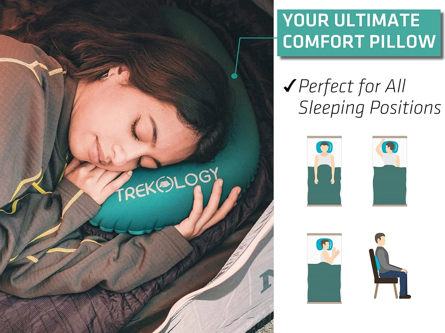 بالش مسافرتی بادی فوق سبک Trekology - ALUFT 2.0، قابل فشردن، جمع و جور، بادی، راحت، بالش های ارگونومیک برای حمایت از گردن و کمر در هنگام کمپینگ و کوله گردی