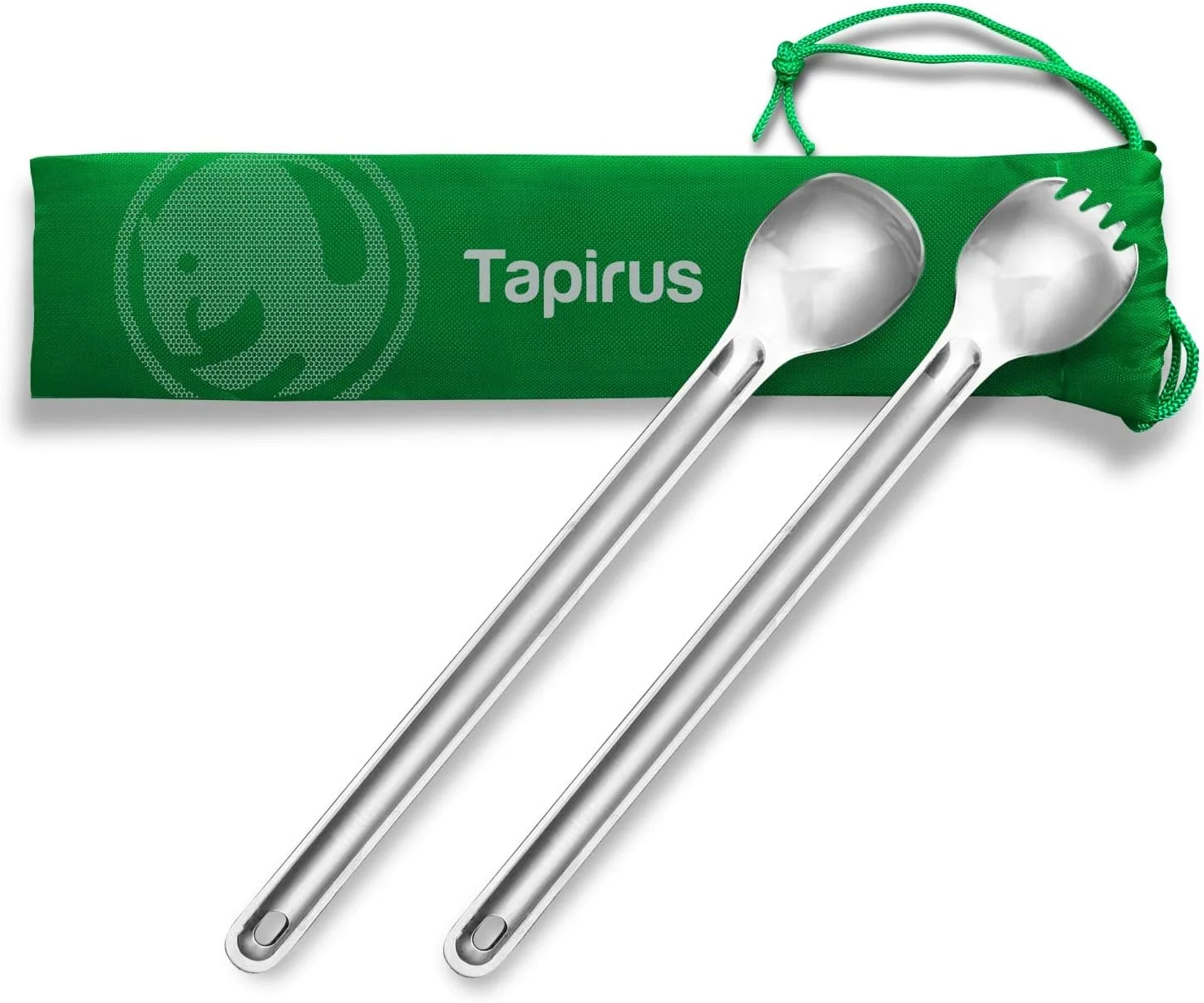 ست قاشق چنگالی بلند و قاشق بلند Tapirus | ظروف غذاخوری استیل ضد زنگ با دسترسی عمیق برای کیسه های غذای آماده | دست ها را تمیز و دور از گرما نگه دارید | کیف حمل ایده آل برای پیاده روی، کمپینگ، کوله گردی