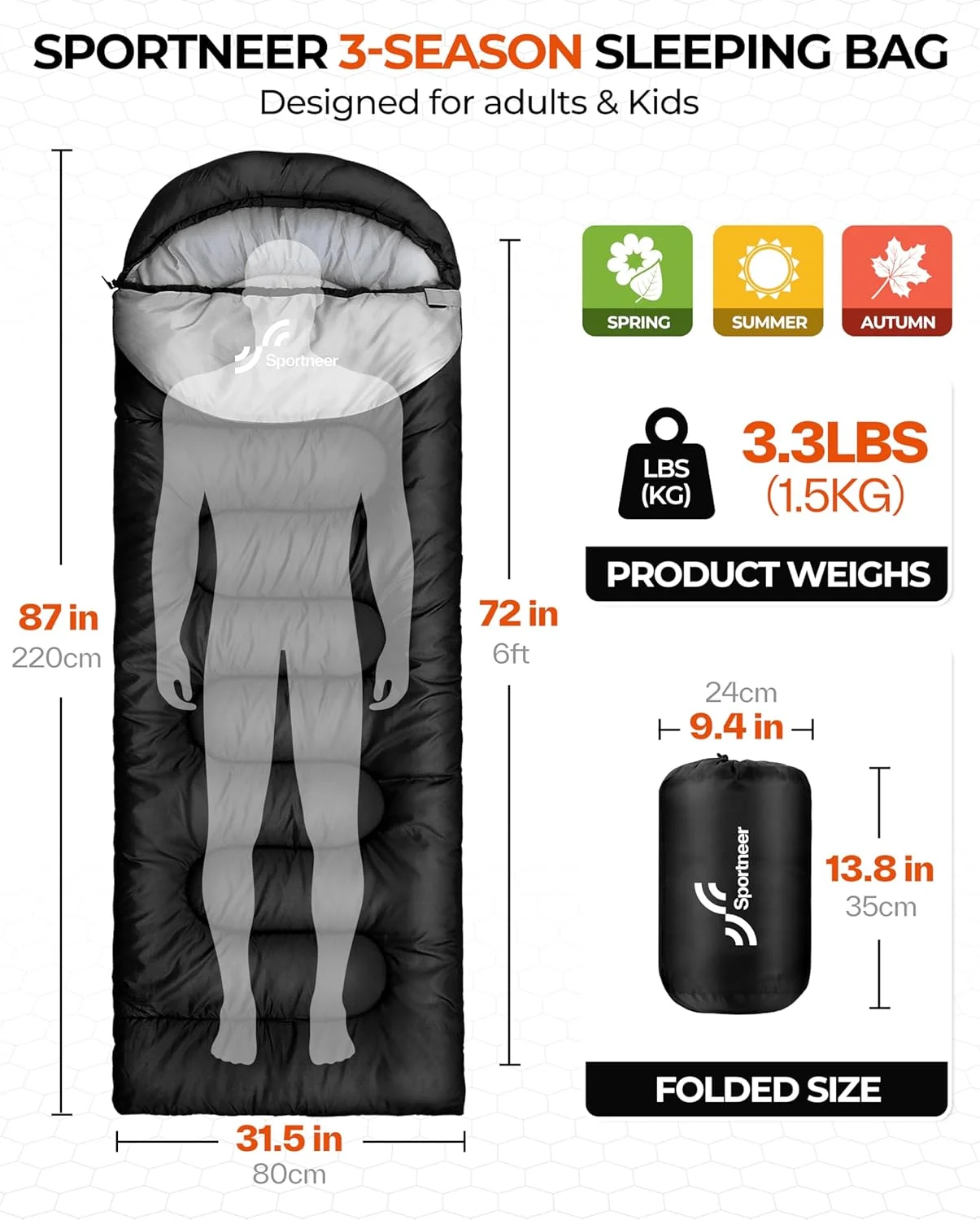 Outdoor Sleeping Bag for Camping: Sportneer 3-4 Seasons Summer Sleeping Bag Winter Sleeping Bag Small Pack Size Portable Ultralight 1.7 kg Full Filling for Adults Trekking Travel Outdoor Sleeping Bag for Camping: Sportneer 3-4 Seasons Summer Sleeping Bag Winter Sleeping Bag Small Pack Size Portable Ultralight 1.7 kg Full Filling for Adults Trekking Travel