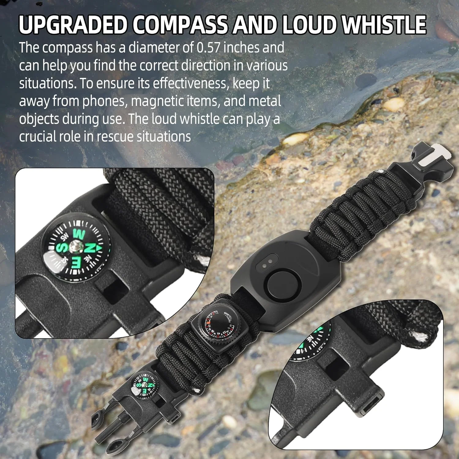 کیت دستبند طناب پاراکورد تاکتیکی، دستگاه های بازدارنده خرس 8 در 1، با نور LED اضطراری، قطب نما و آتش زنه، آتش زنه منیزیم، سوت اضطراری، ابزار بقا برای کمپینگ و پیاده روی