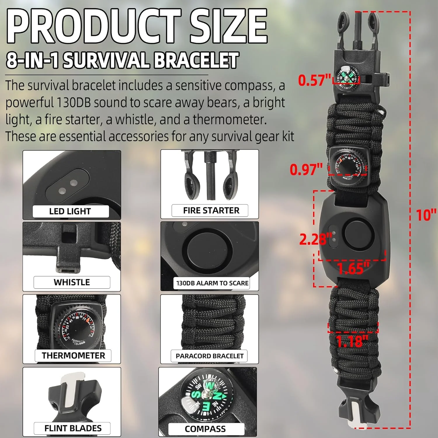 کیت دستبند طناب پاراکورد تاکتیکی، دستگاه های بازدارنده خرس 8 در 1، با نور LED اضطراری، قطب نما و آتش زنه، آتش زنه منیزیم، سوت اضطراری، ابزار بقا برای کمپینگ و پیاده روی