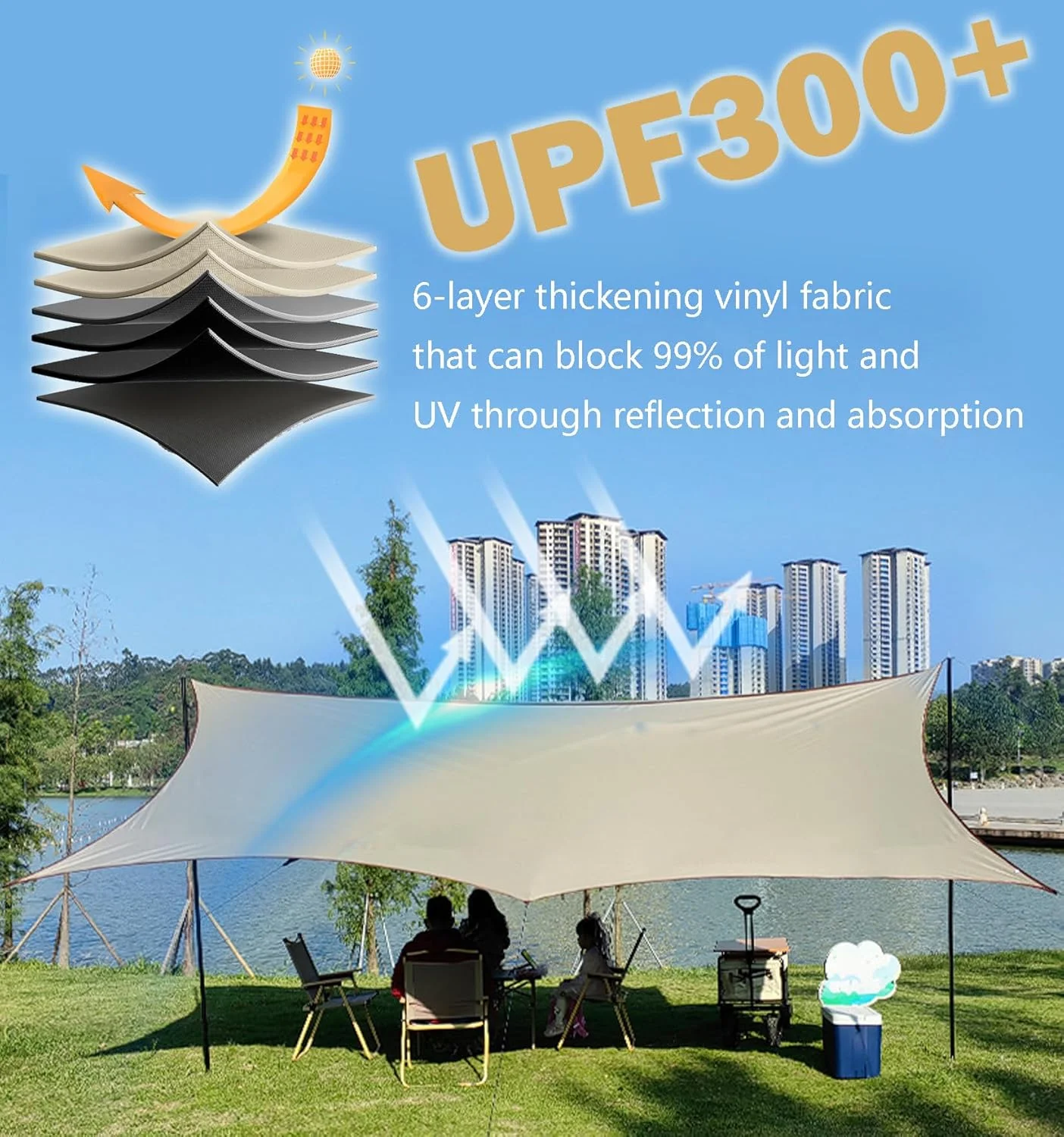 16.5*14FT Outdoor Camping Tent Tarps, 6-Layer Thicken Octagon Vinyl Canopy, Beach Sunshade Sun Shelters Patio Awning Lawn & Garden Canopy, Picnic Camping & Hiking Equipment ((Khaki 5.0 * 4.3 * 2.4M)
