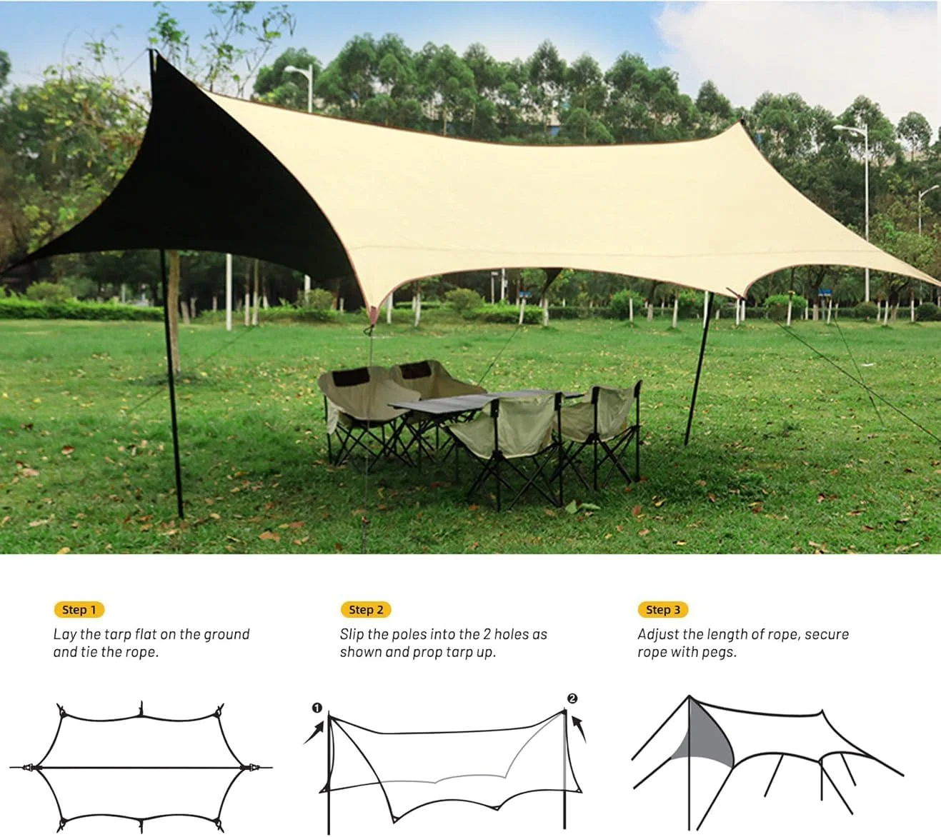 16.5*14FT Outdoor Camping Tent Tarps, 6-Layer Thicken Octagon Vinyl Canopy, Beach Sunshade Sun Shelters Patio Awning Lawn & Garden Canopy, Picnic Camping & Hiking Equipment ((Khaki 5.0 * 4.3 * 2.4M)
