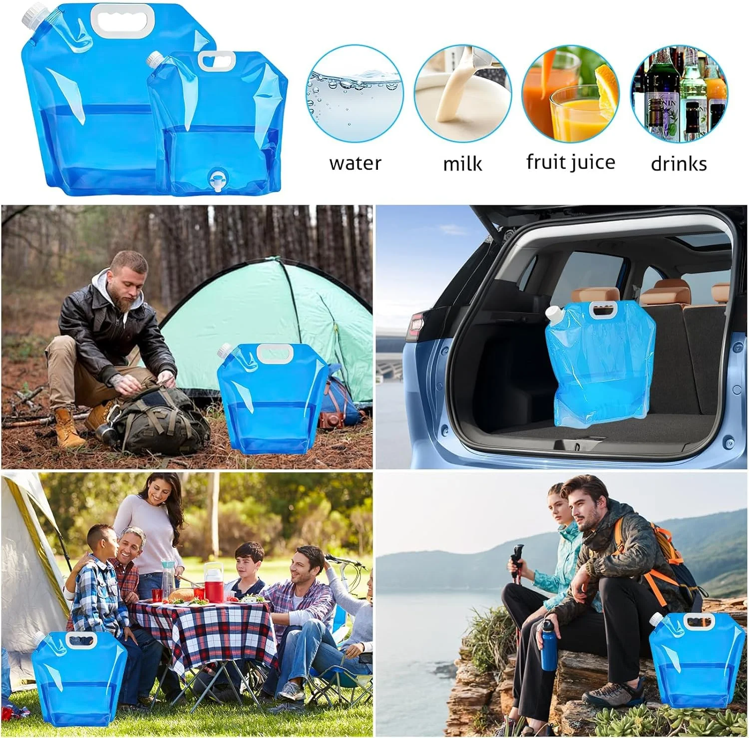 IKEEP بسته 2 عددی مخزن آب تاشو (5 لیتر + 10 لیتر) - کیسه ذخیره آب تاشو قابل حمل برای کمپینگ، پیاده روی، مسافرت و فعالیت های فضای باز - قابل استفاده مجدد و ضد نشت