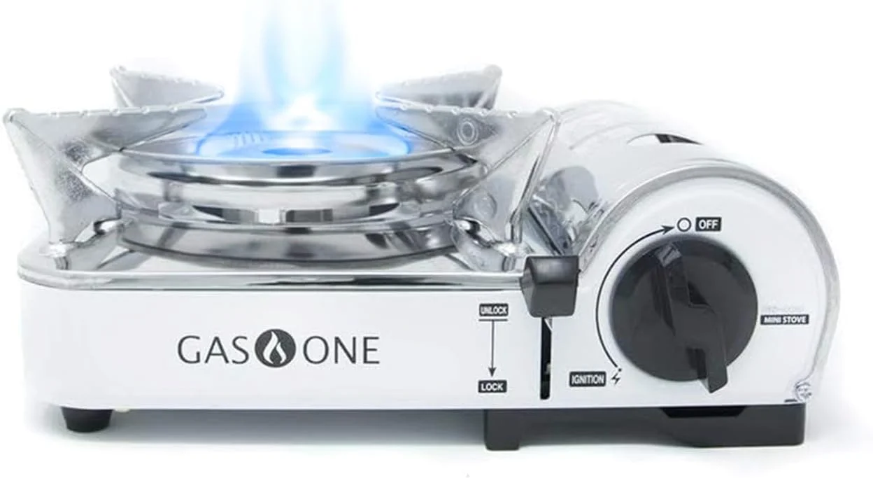 اجاق گاز سفری کوچک قابل حمل بوتانی GasOne GS-800 با کیف حمل، استیل ضد زنگ، سفید