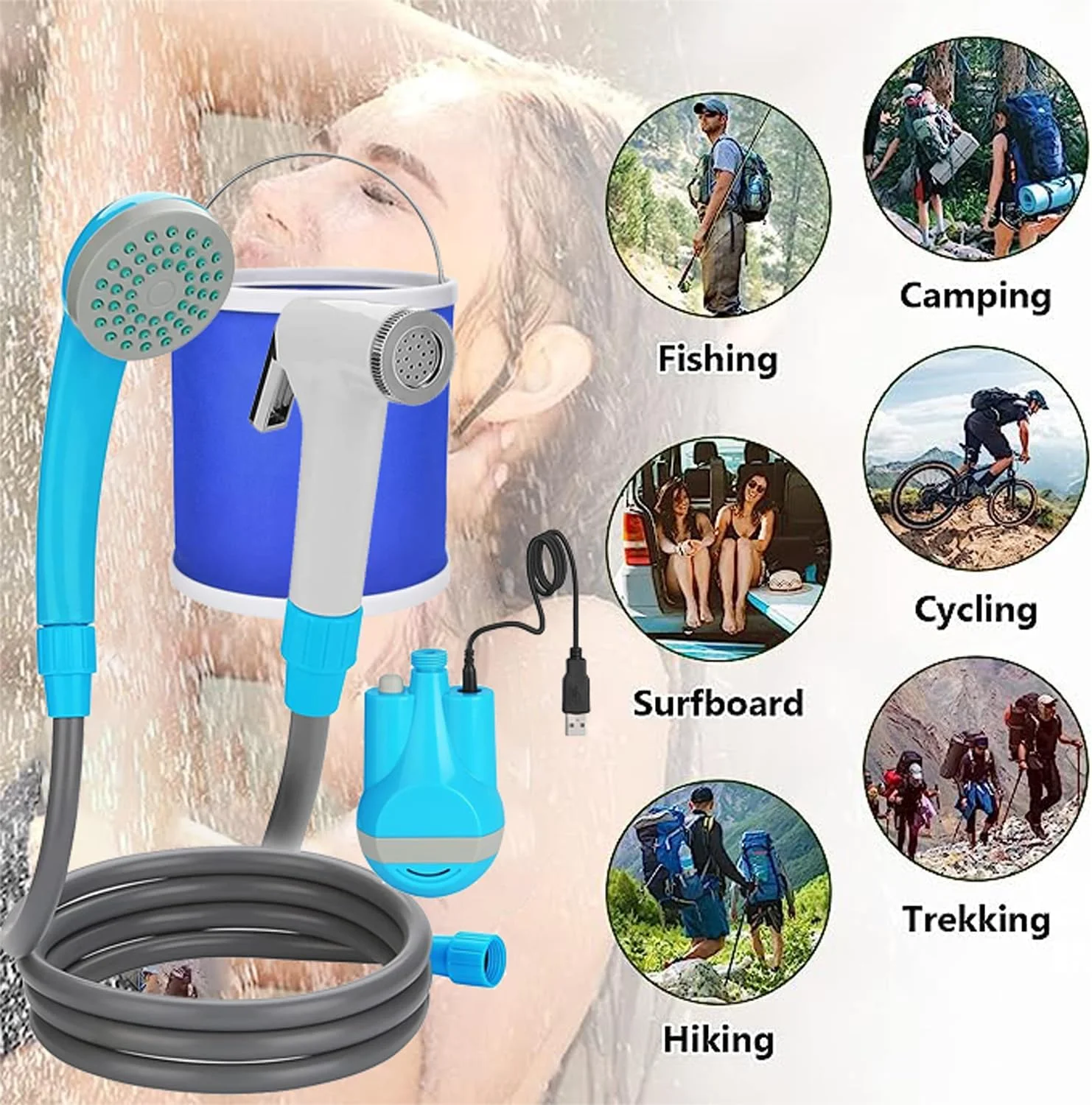GGEROU Portable Camping Shower Kit, Outdoor Shower Pump with Bucket,Shower & Head Sprayer,Battery Powered Camping Showerhead with Rechargeable Battery for Pet, Camping, Hiking, Traveling,Car Washing