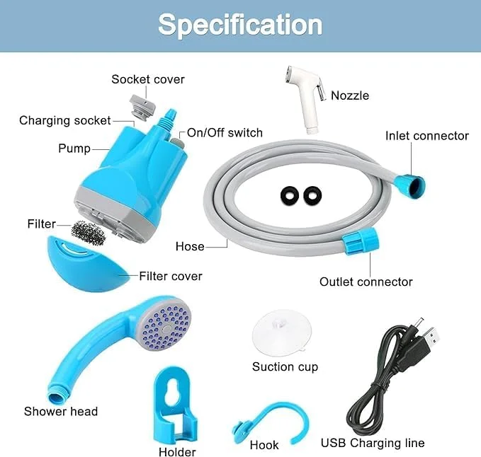 GGEROU Portable Camping Shower Kit, Outdoor Shower Pump with Bucket,Shower & Head Sprayer,Battery Powered Camping Showerhead with Rechargeable Battery for Pet, Camping, Hiking, Traveling,Car Washing