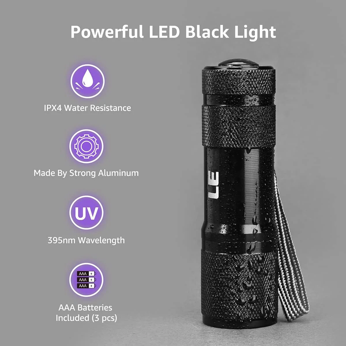 چراغ قوه UV Lepro، چراغ قوه UV نور سیاه، 9 LED 395 نانومتری، آشکارساز نور سیاه برای ادرار حیوانات خانگی، لکه، ساس، عقرب و موارد دیگر، چراغ قوه فرابنفش مینی، شامل 3 عدد باتری AAA
