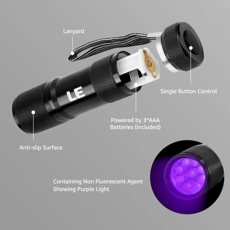 چراغ قوه UV Lepro، چراغ قوه UV نور سیاه، 9 LED 395 نانومتری، آشکارساز نور سیاه برای ادرار حیوانات خانگی، لکه، ساس، عقرب و موارد دیگر، چراغ قوه فرابنفش مینی، شامل 3 عدد باتری AAA