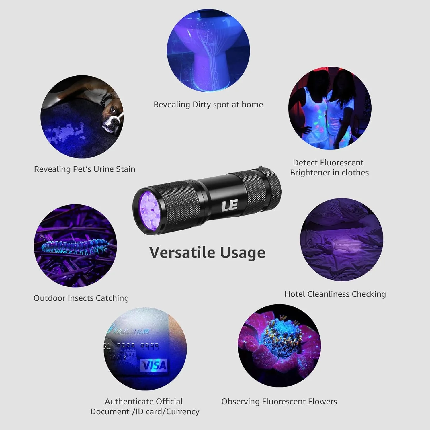چراغ قوه UV Lepro، چراغ قوه UV نور سیاه، 9 LED 395 نانومتری، آشکارساز نور سیاه برای ادرار حیوانات خانگی، لکه، ساس، عقرب و موارد دیگر، چراغ قوه فرابنفش مینی، شامل 3 عدد باتری AAA