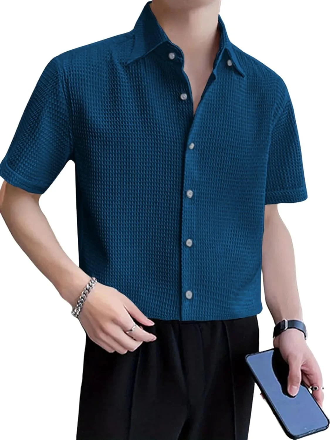 پیراهن آستین کوتاه مردانه GRECIILOOKS طرح وافل، مناسب استایل کژوال و رسمی (GL-MS-6237_آبی (GL-MS-6237_BLUE_L)